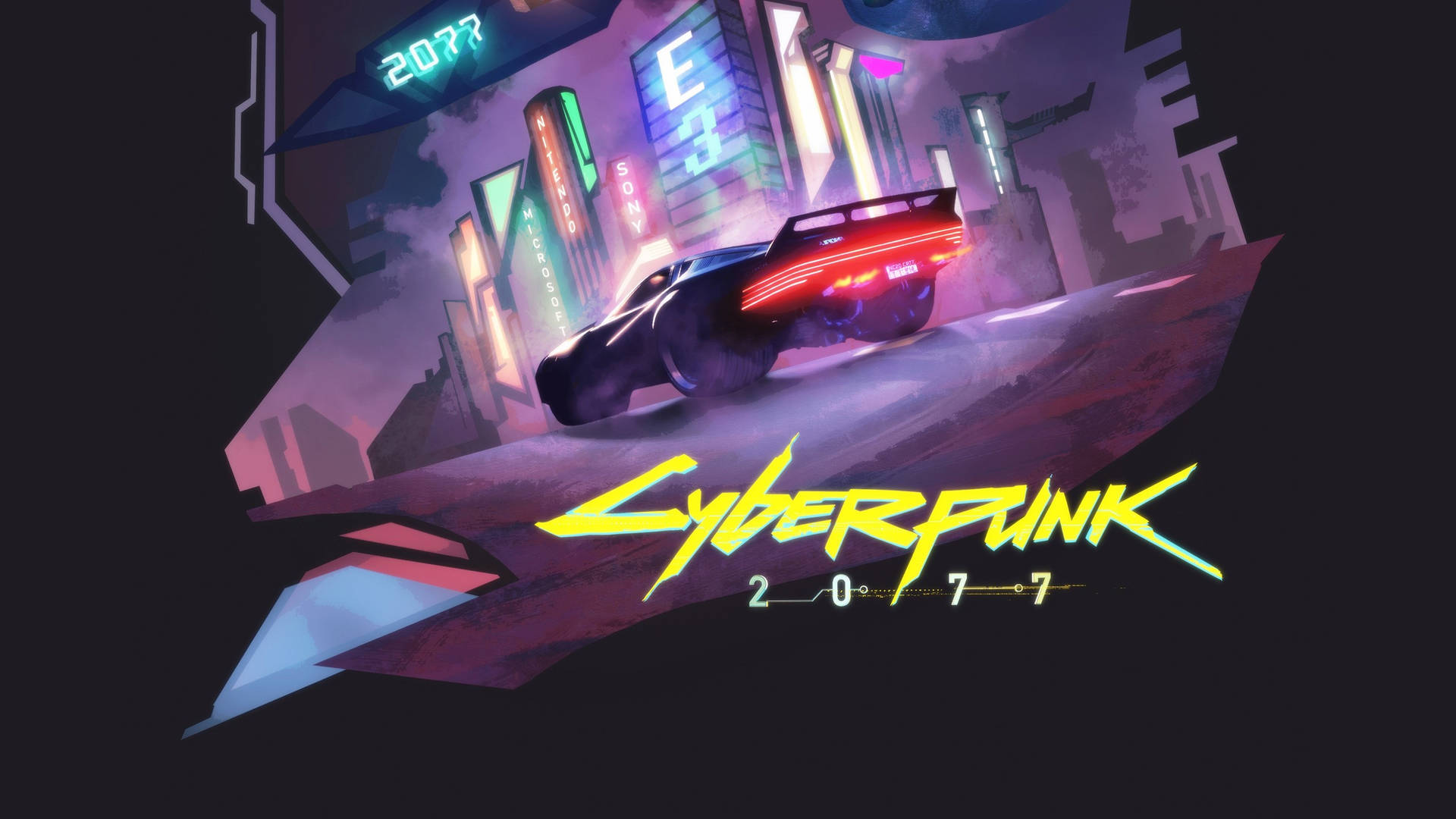 Glowing night skyline of futuristic Cyberpunk city. Wallpaper