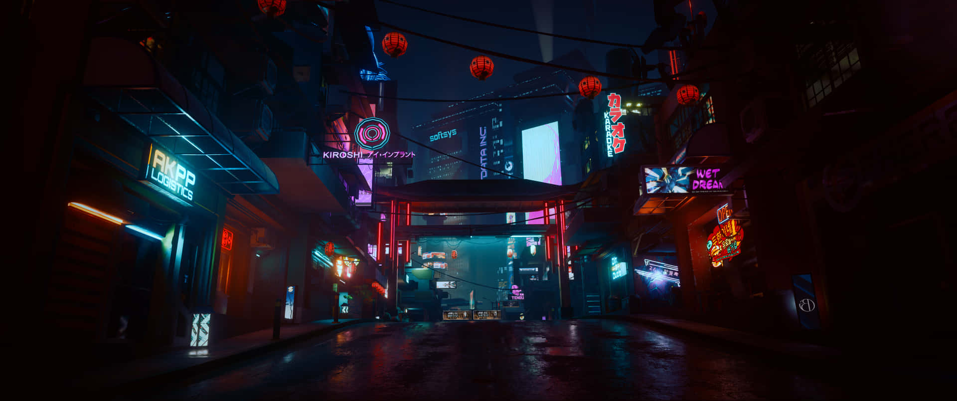A Dark Street With Neon Lights And Neon Signs Wallpaper