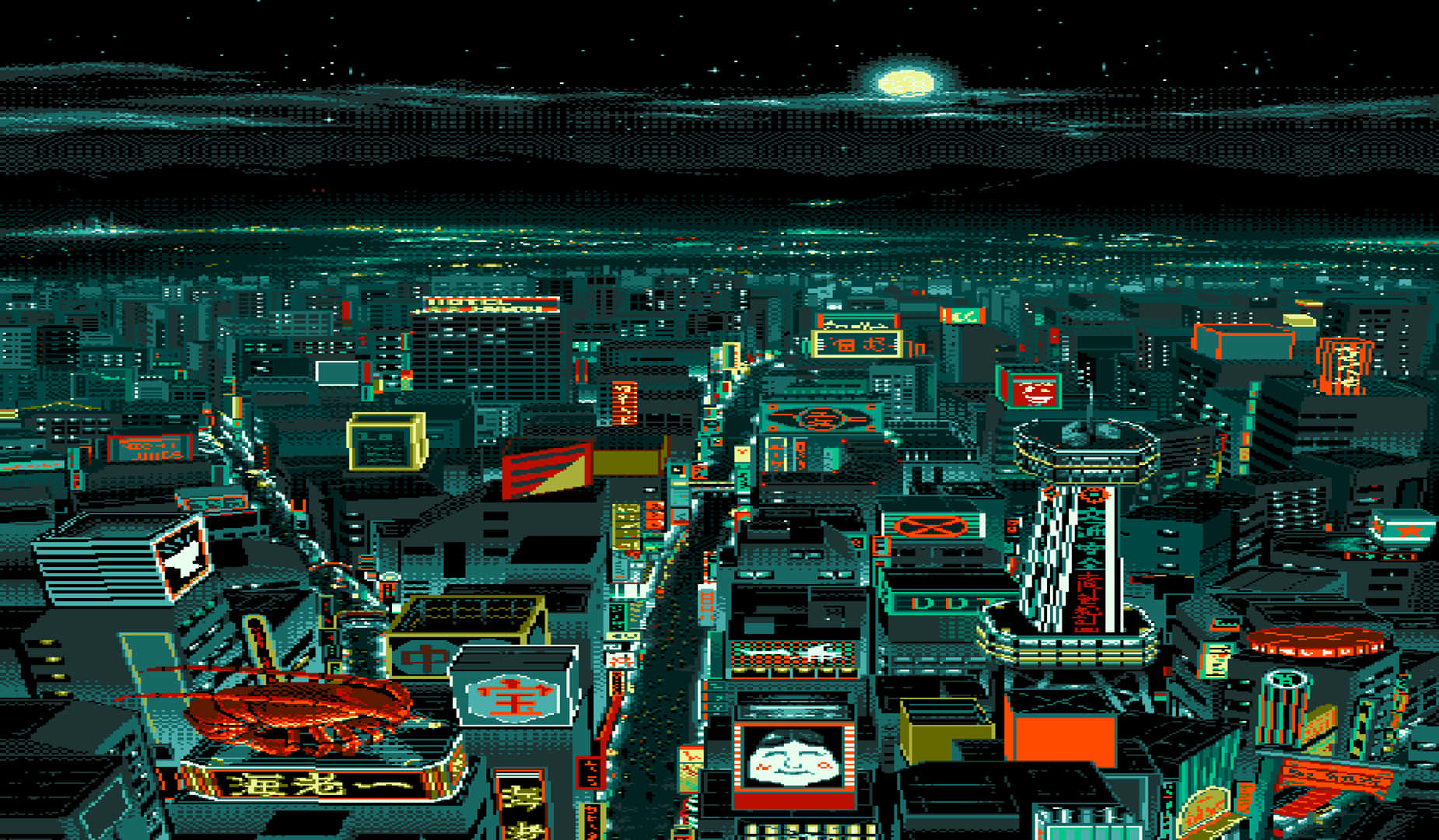 Cyberpunkluftstadslandskap På Natten I Pixelkonst. Wallpaper