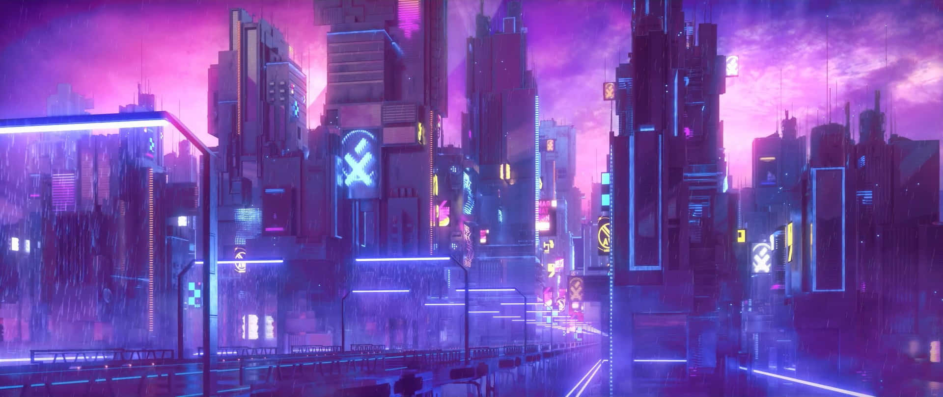 Futuristisk byudblik med glødende neonlygter. Wallpaper