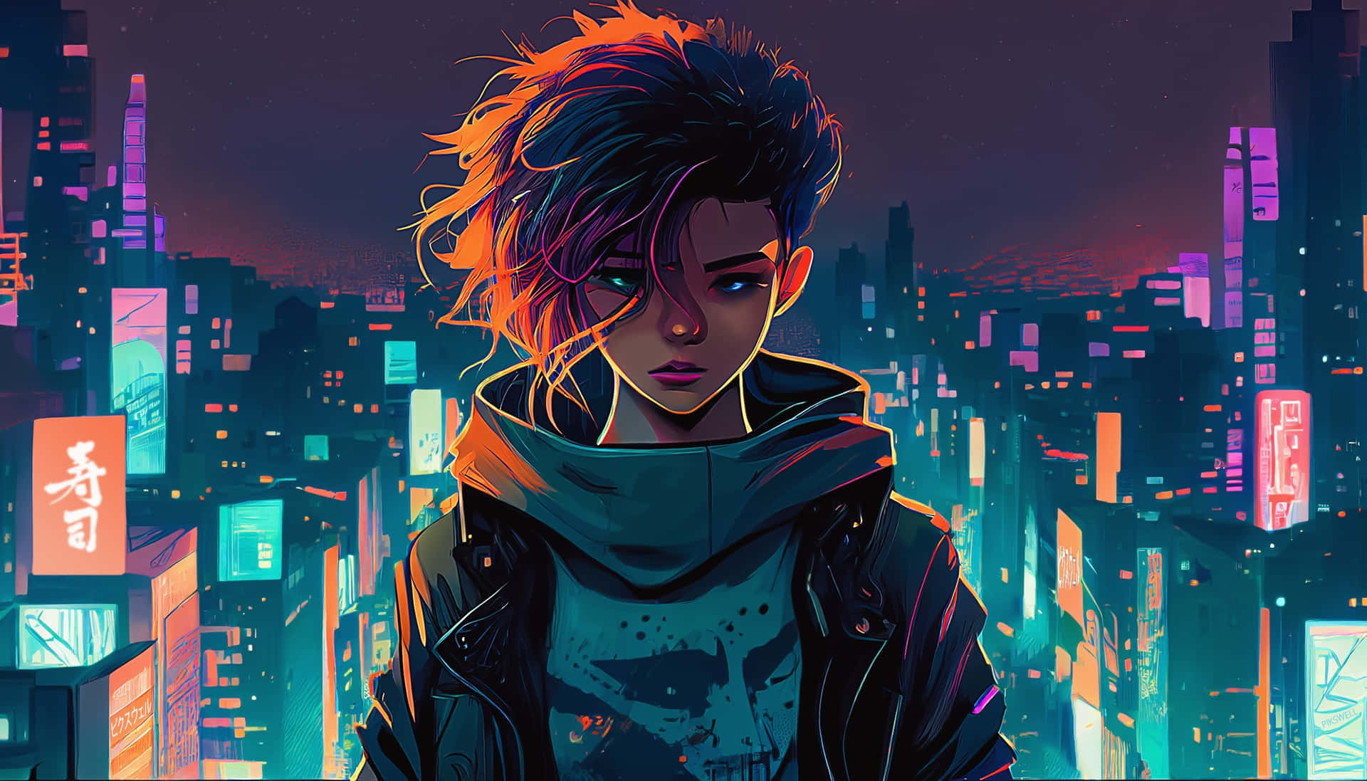 Cyberpunk_ Anime_ Character_with_ City_ Backdrop Wallpaper