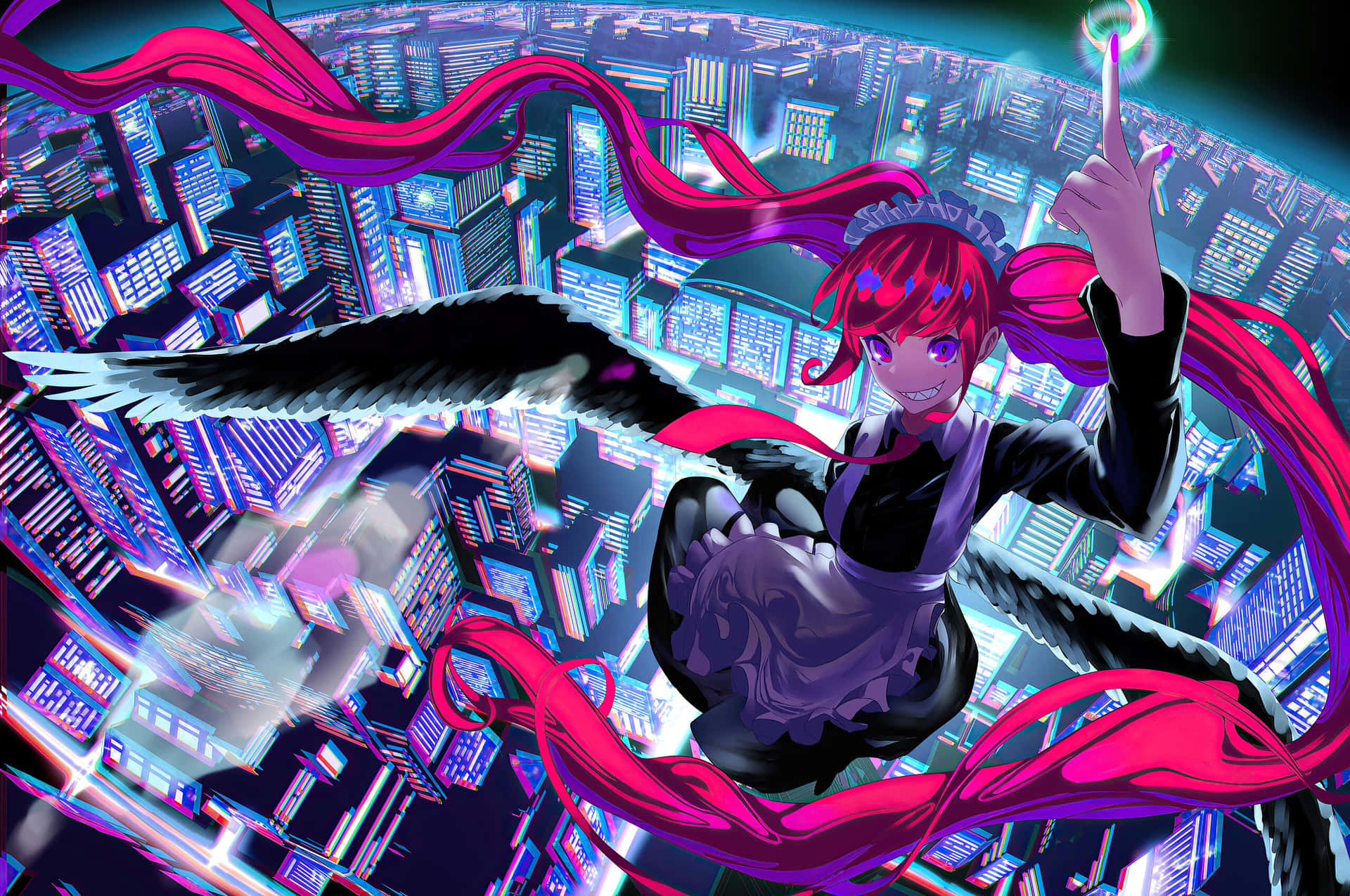 Cyberpunk Anime Girl Flying Over City Wallpaper