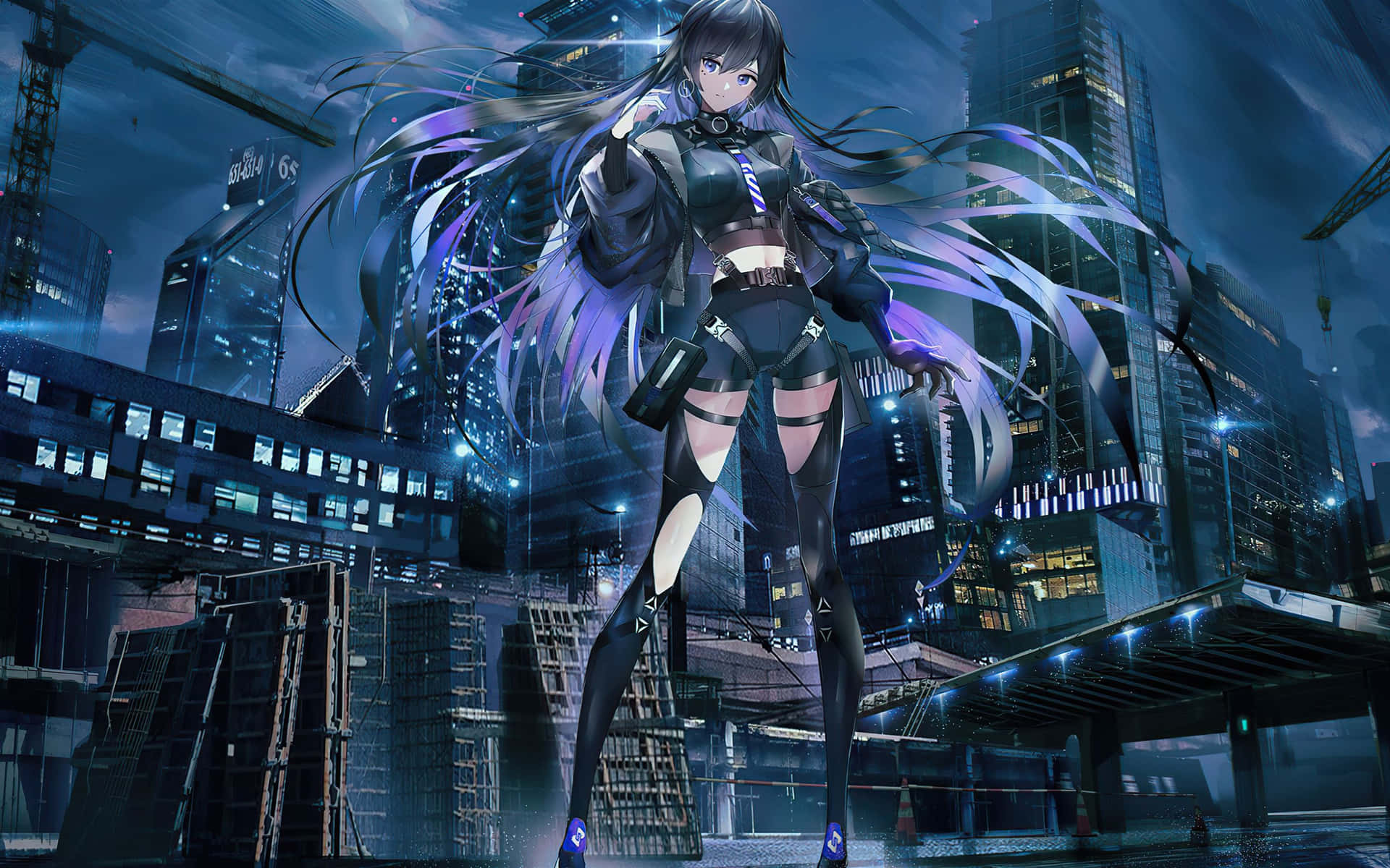 Cyberpunk Anime Meisje Futuristische Stadsgezicht Achtergrond