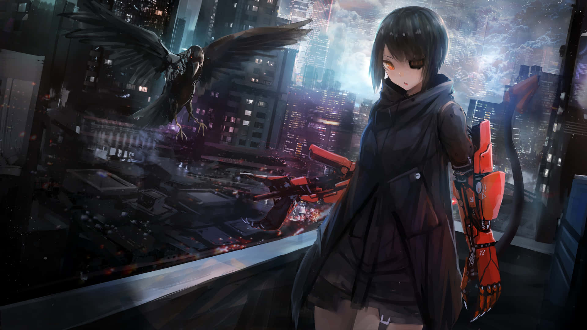 Cyberpunk_ Anime_ Girl_with_ Mechanical_ Arm_and_ Crow Wallpaper