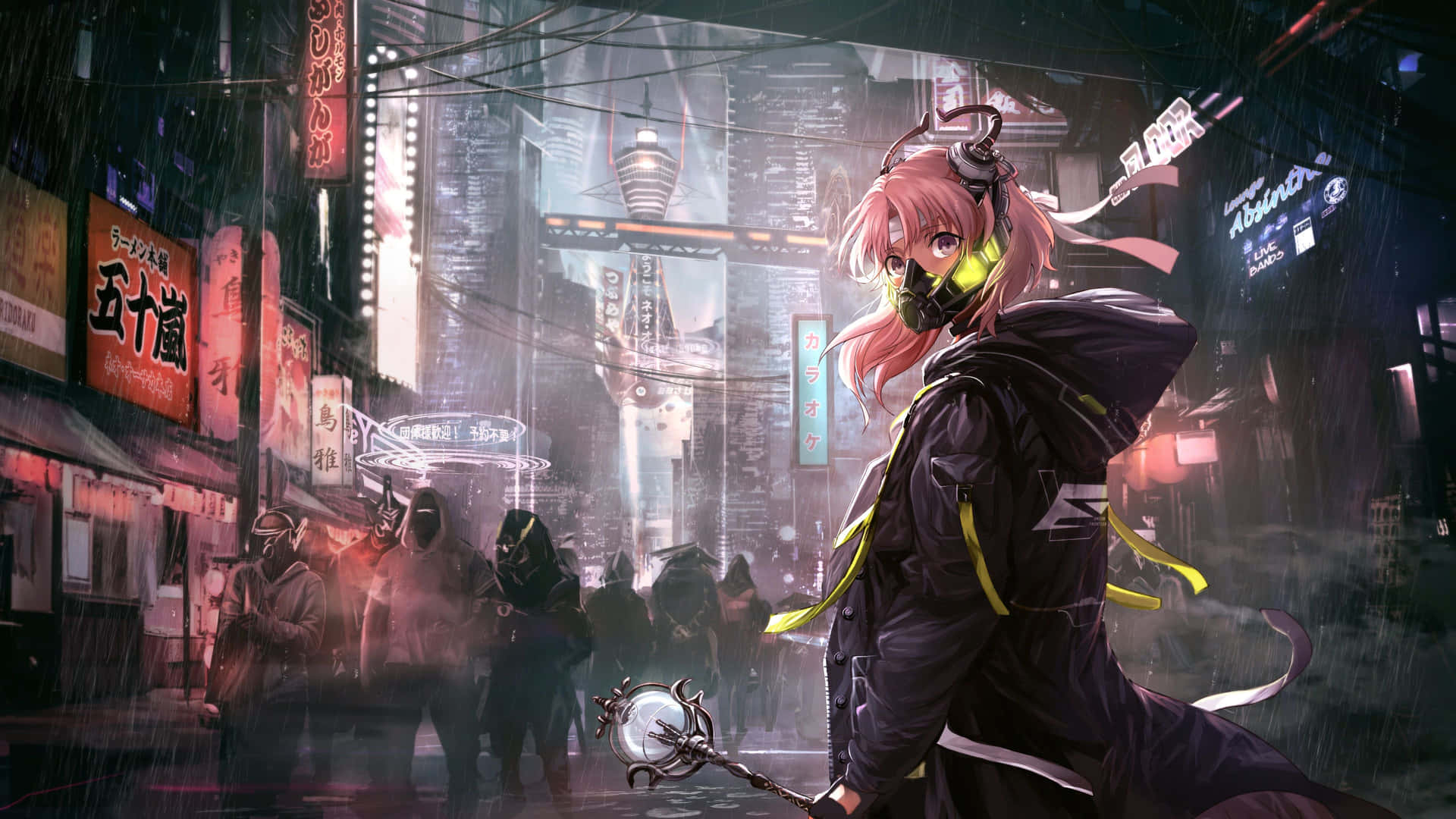 Cyberpunk Anime Girlin Rainy Cityscape Wallpaper