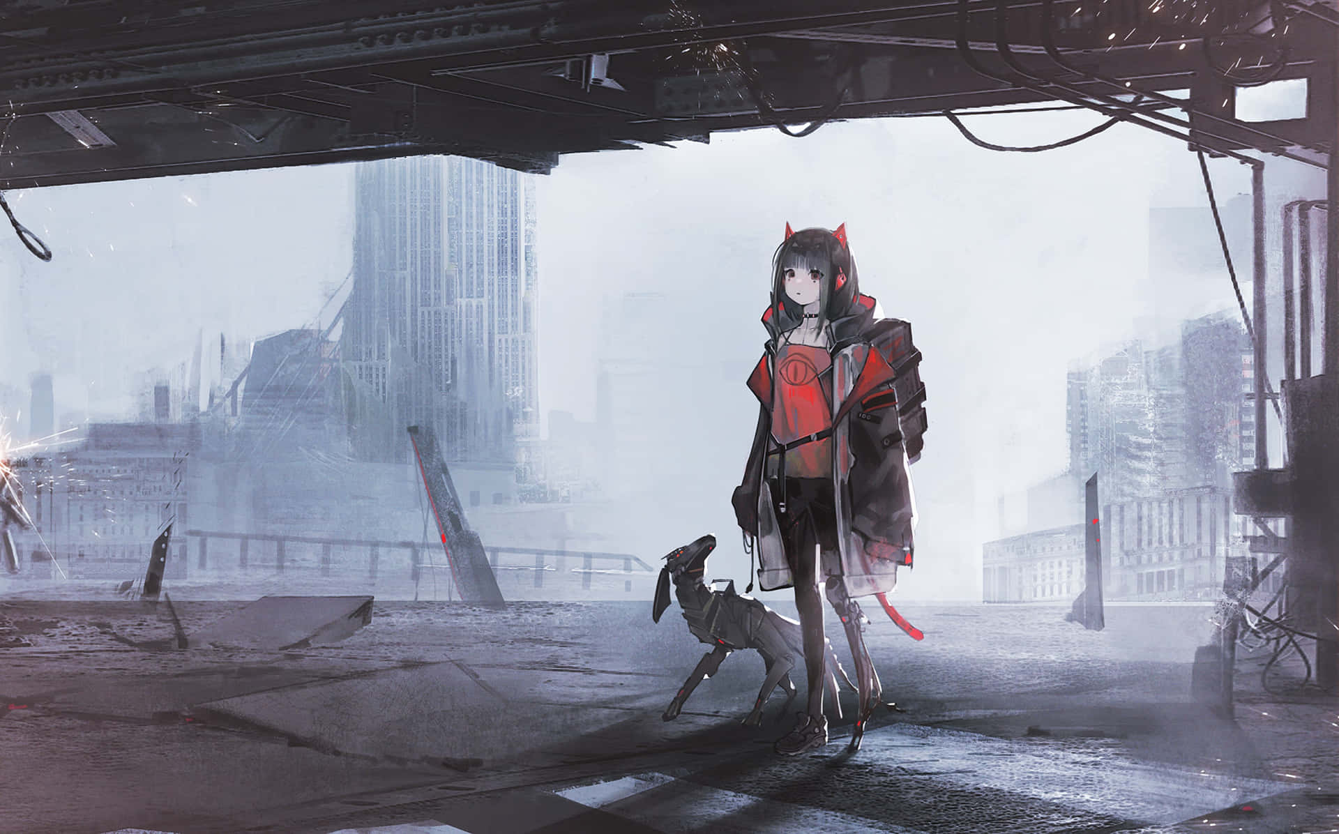 Cyberpunk Anime Girlwith Robotic Dog Wallpaper