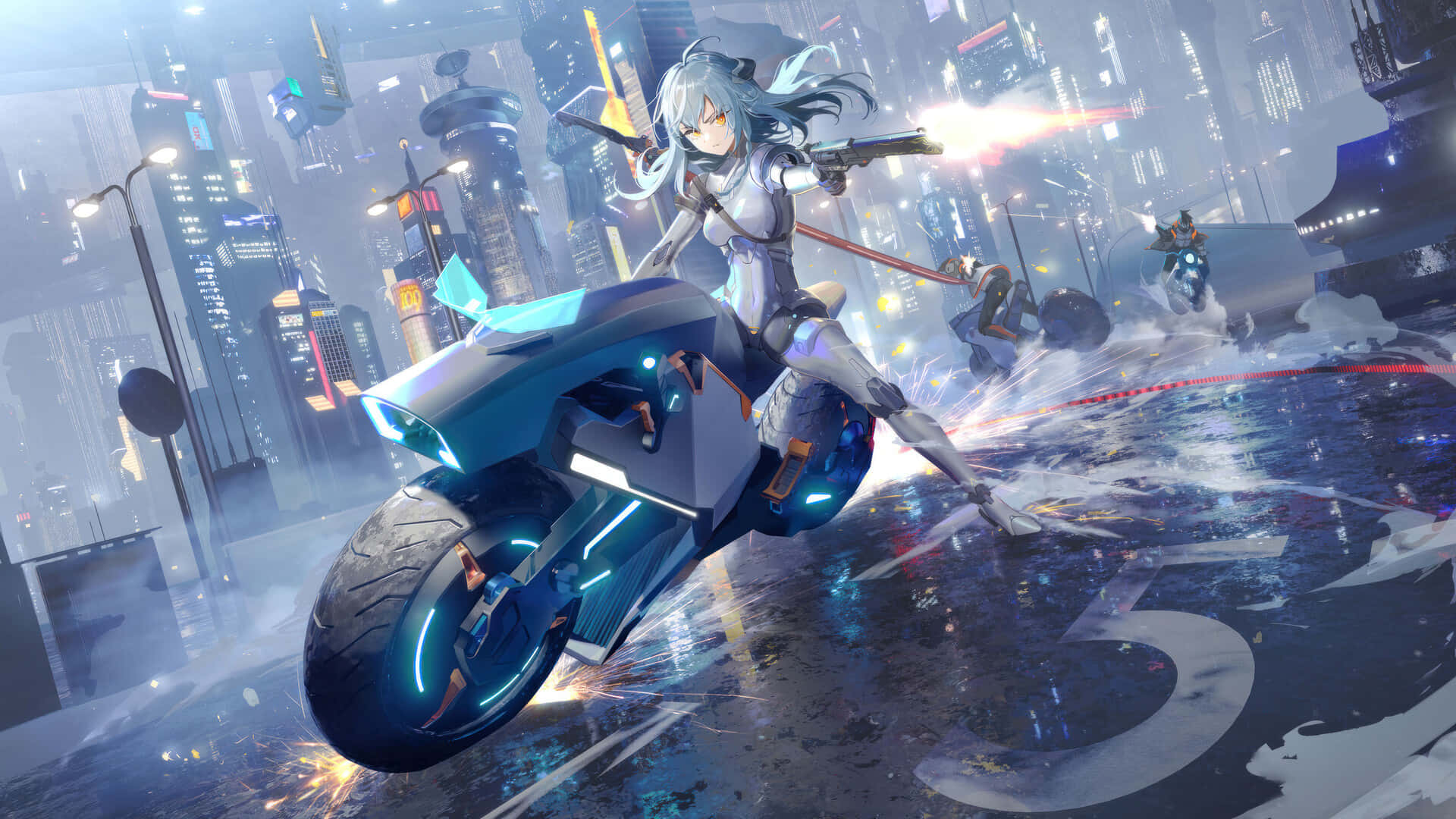 Cyberpunk Anime Motorcycle Chase Wallpaper