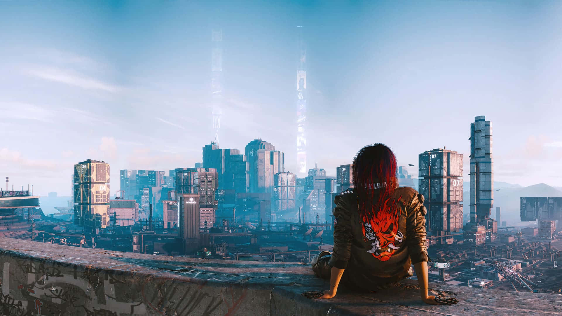 A Girl Is Sitting On A Ledge Looking At A City