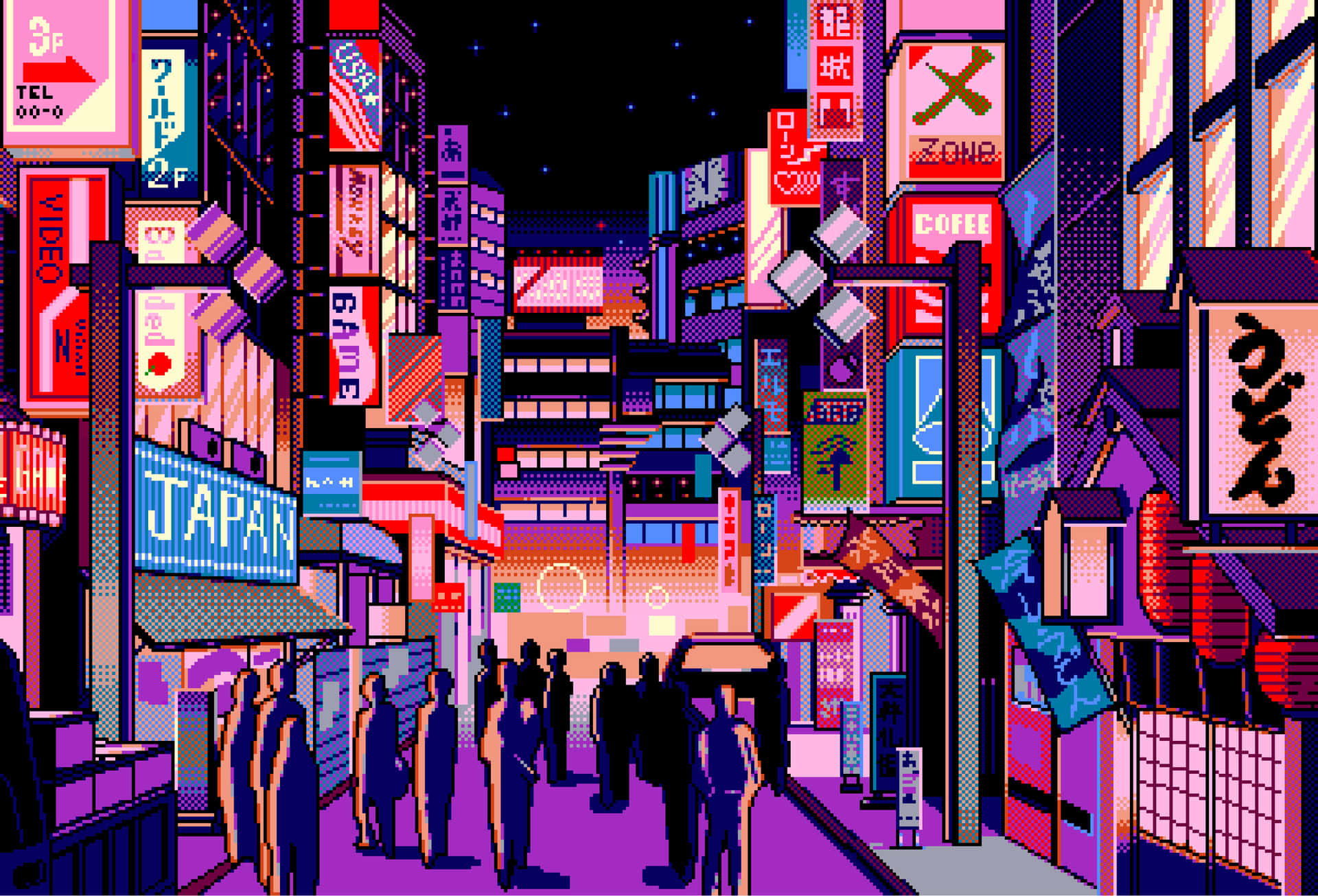 Cyberpunk Busy City Street Pixel Art Wallpaper