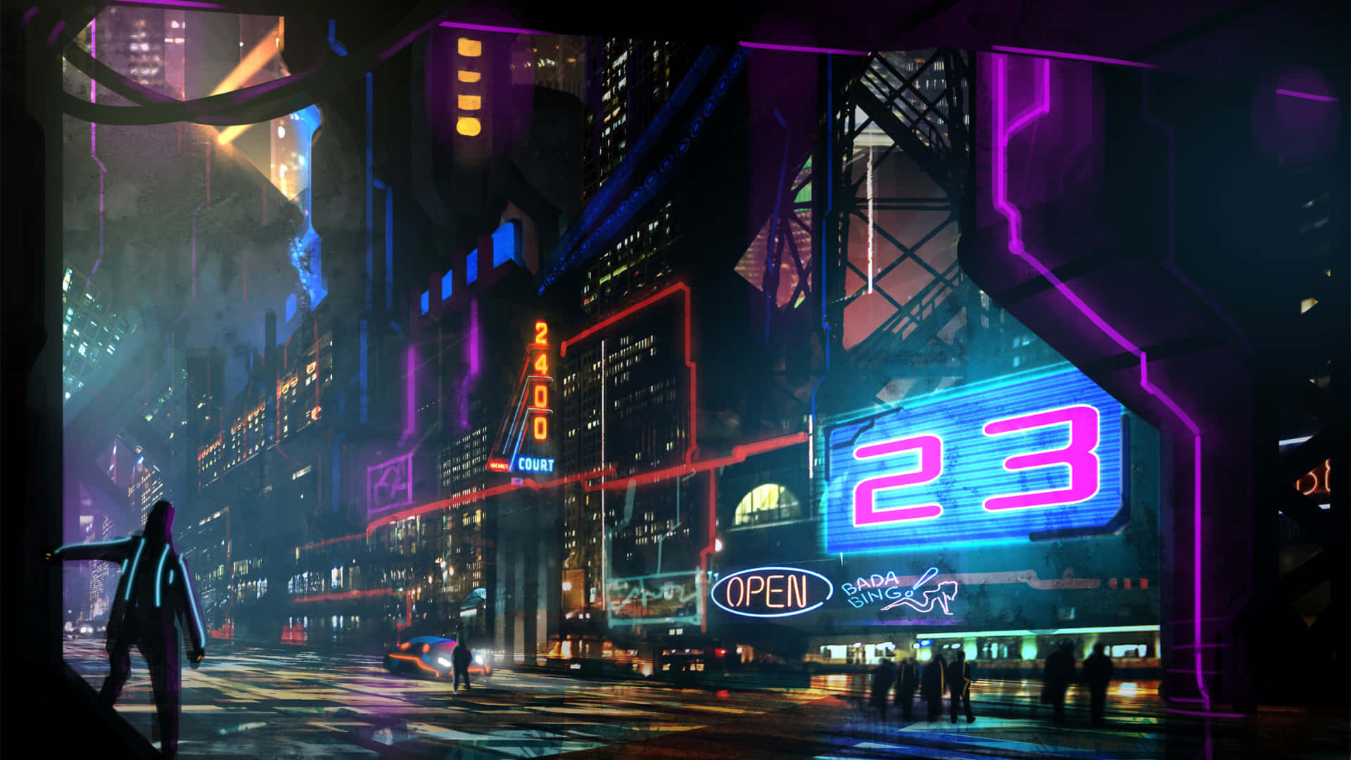 The vibrant cityscape of Cyberpunk City