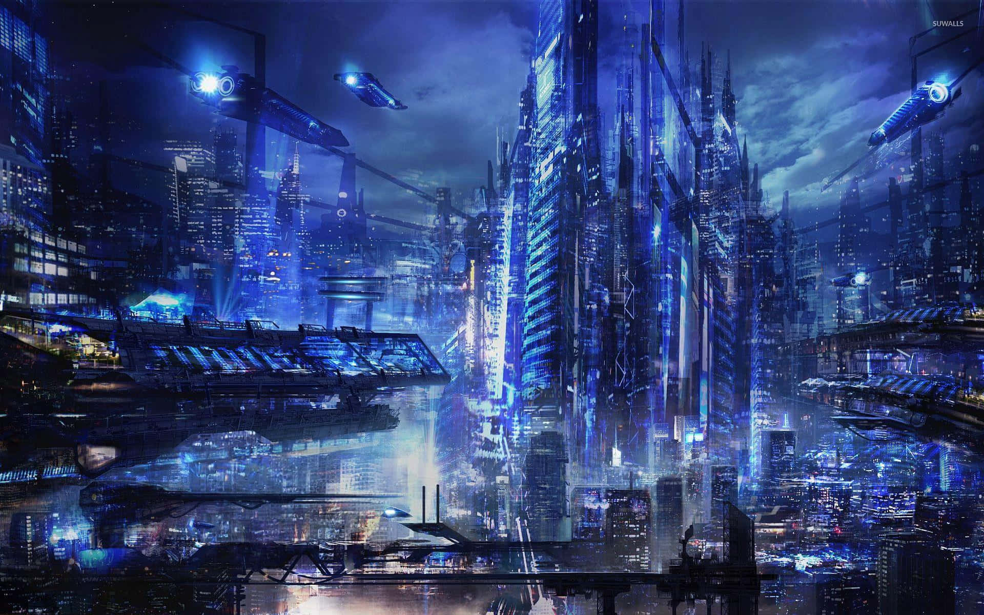 Reisensie Mit Diesem Atemberaubenden Cyberpunk-stadt Hintergrund In Die Zukunft.