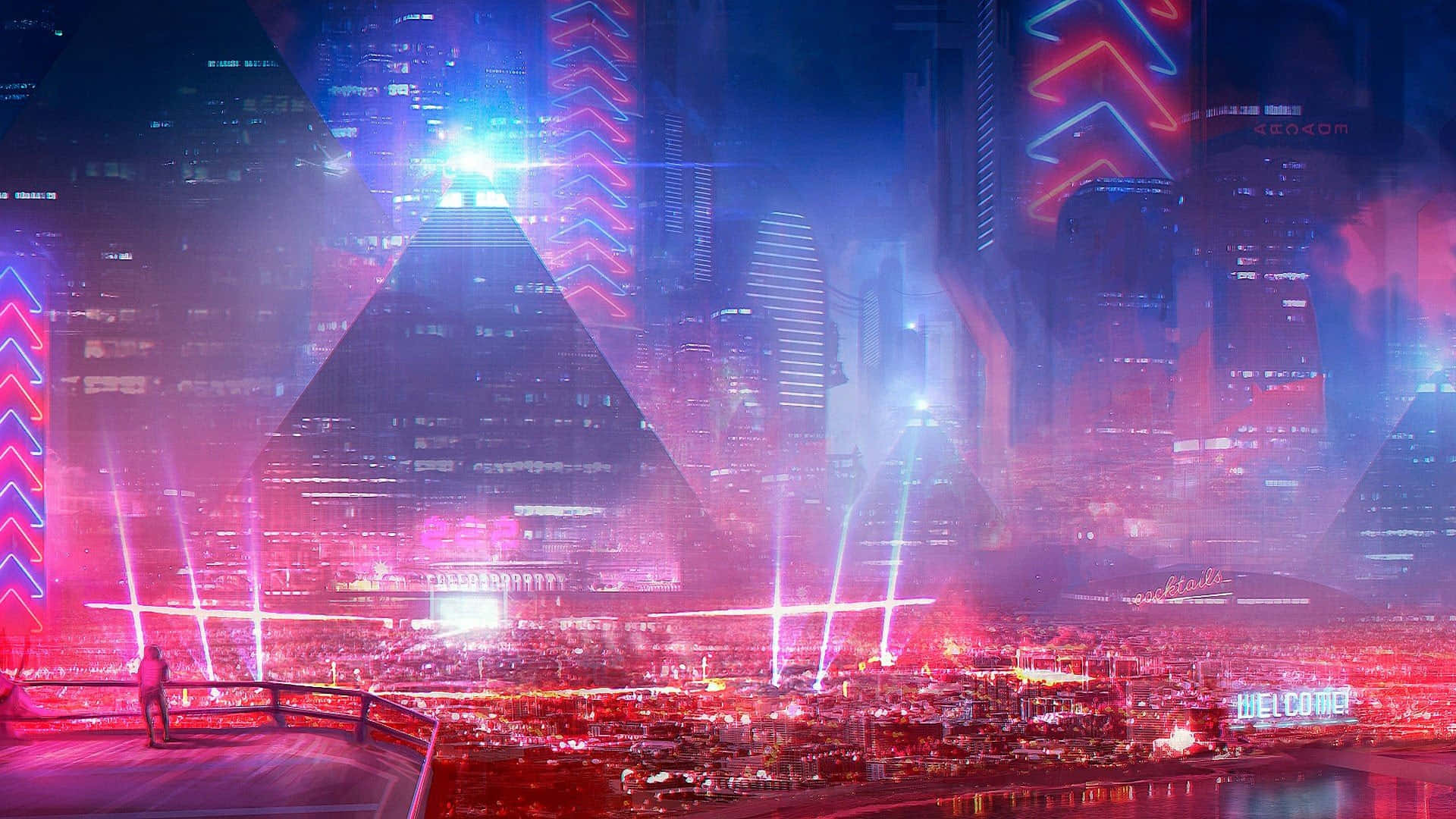 Erkundedie Cyberpunk-stadt Und Ihre Von Neonlichtern Beleuchtete Futuristische Skyline.