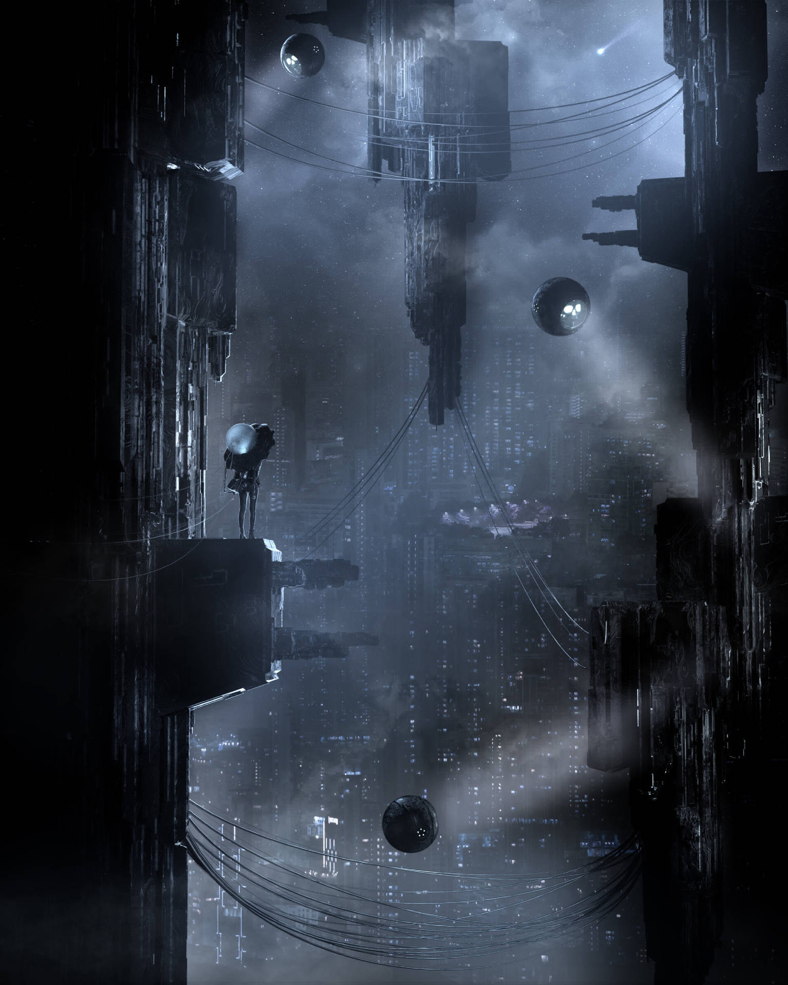 Cyberpunk City Grey Scale Wallpaper