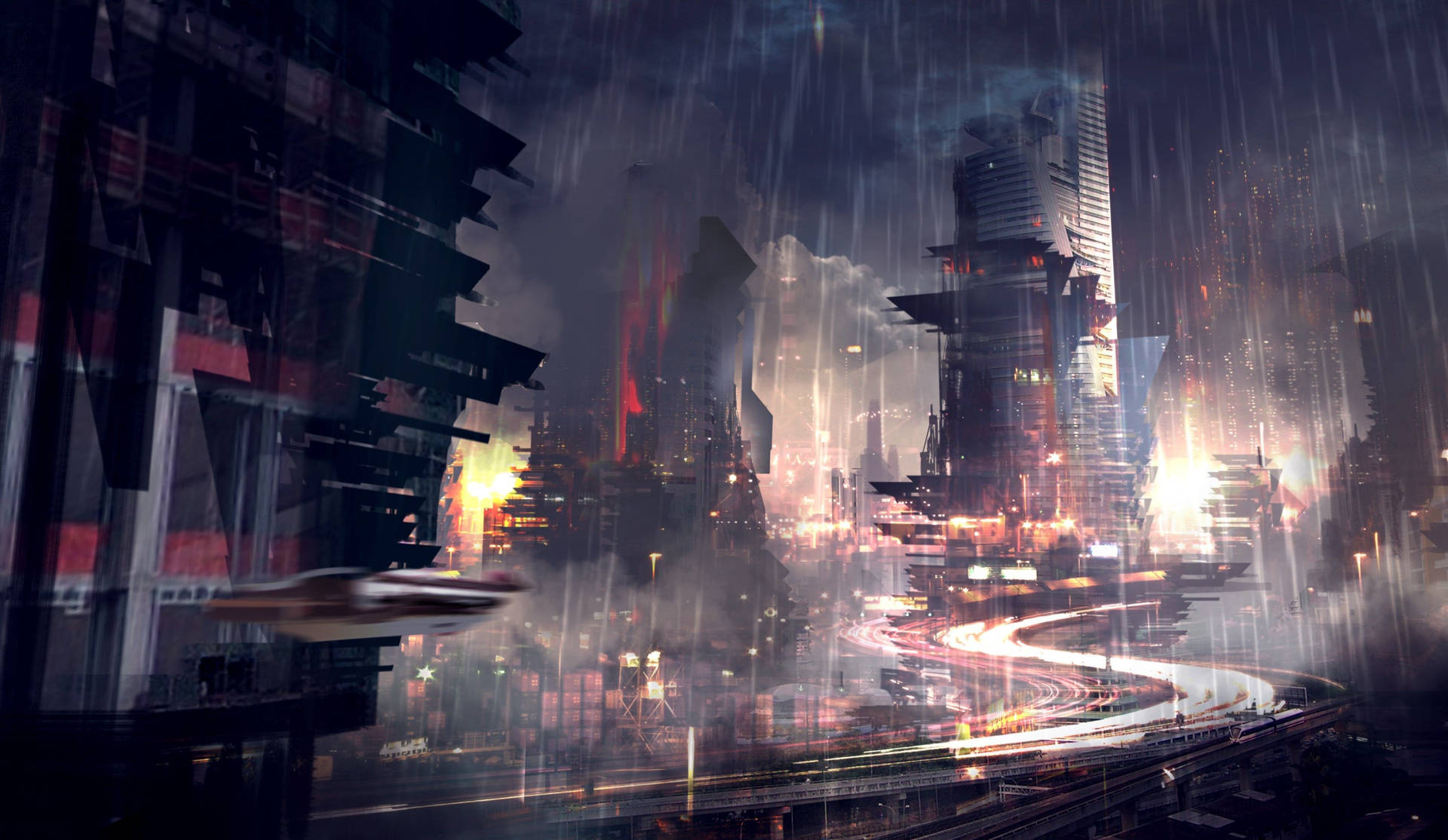 Cyberpunk City Lights In Rain Wallpaper