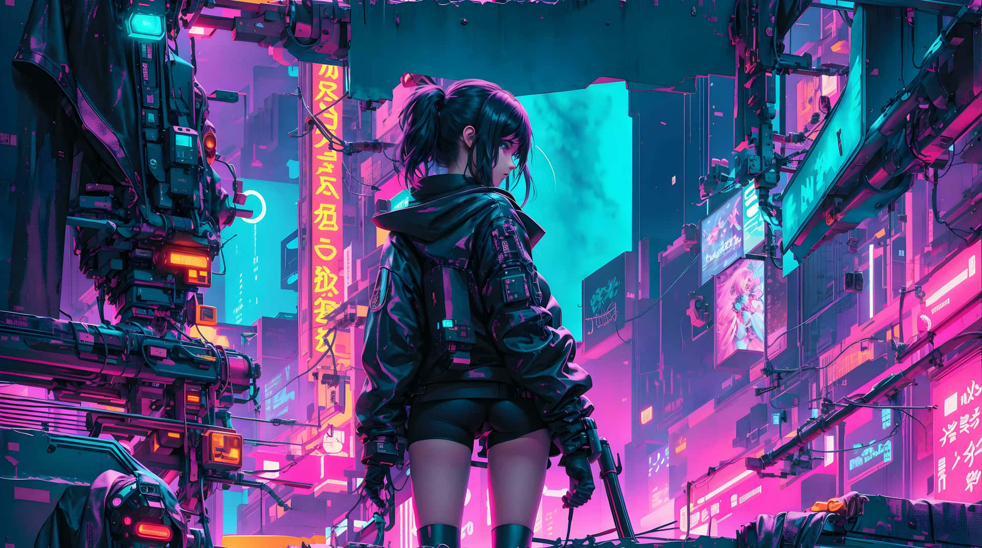 Cyberpunk Cityscape Girl Futuristic Neon Wallpaper