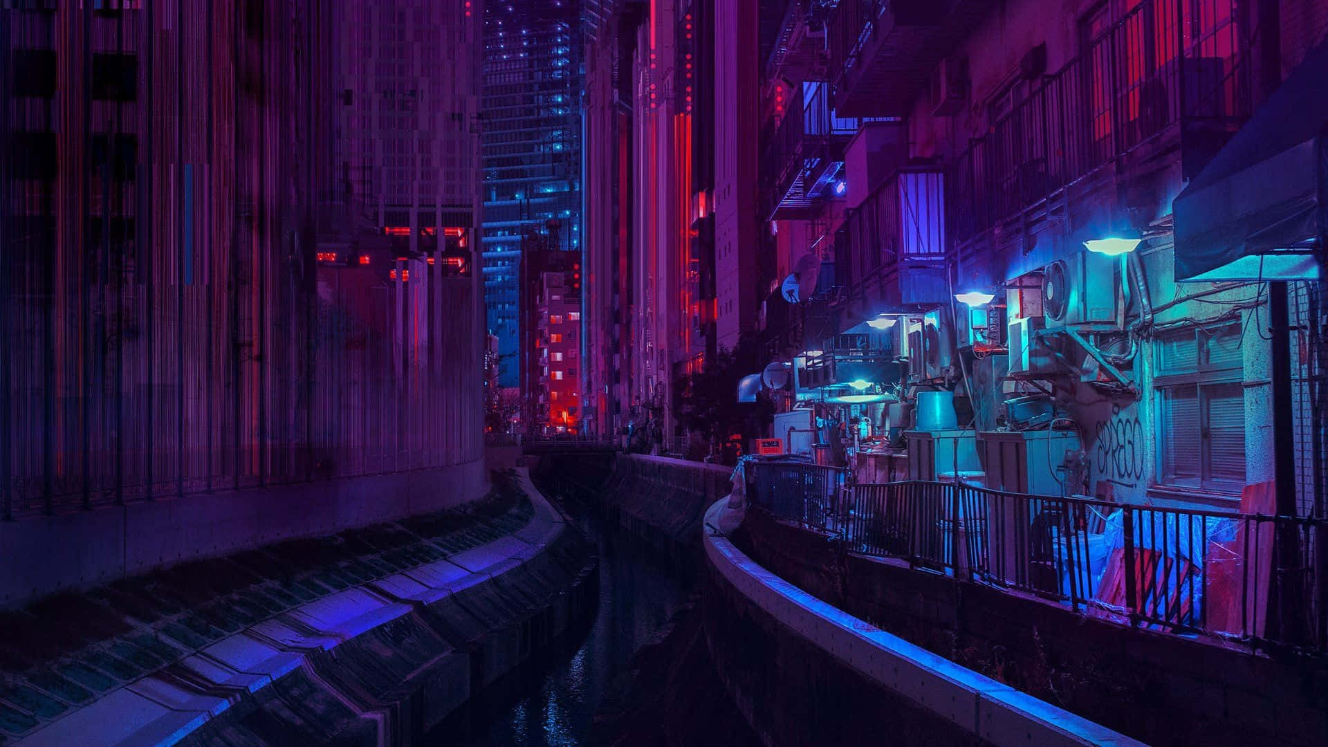 Cyberpunk Stadsgezicht Neon Nacht.jpg Achtergrond