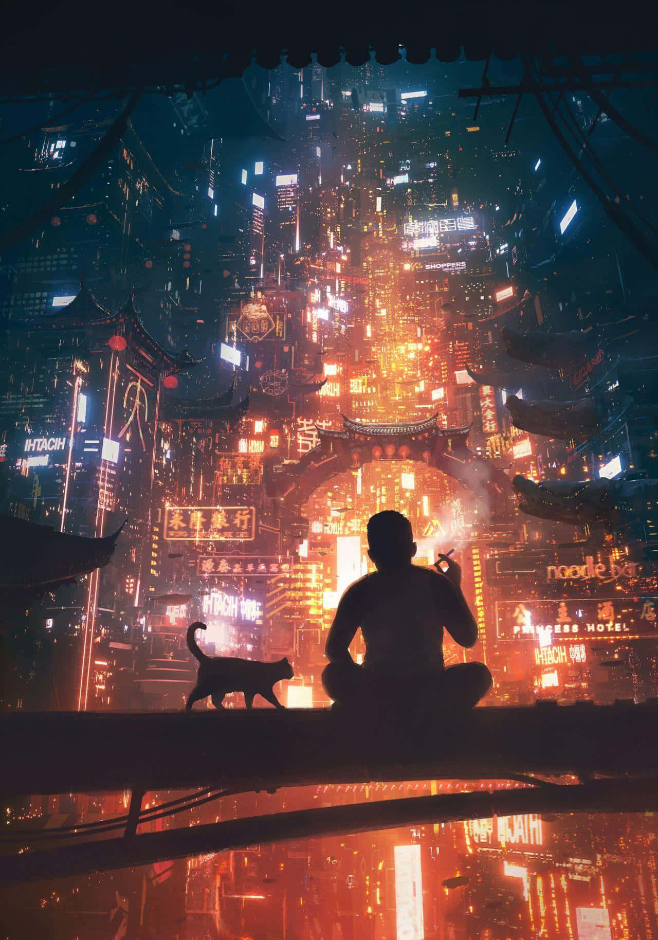 Cyberpunk Cityscape With Figure And Cat.jpg Wallpaper