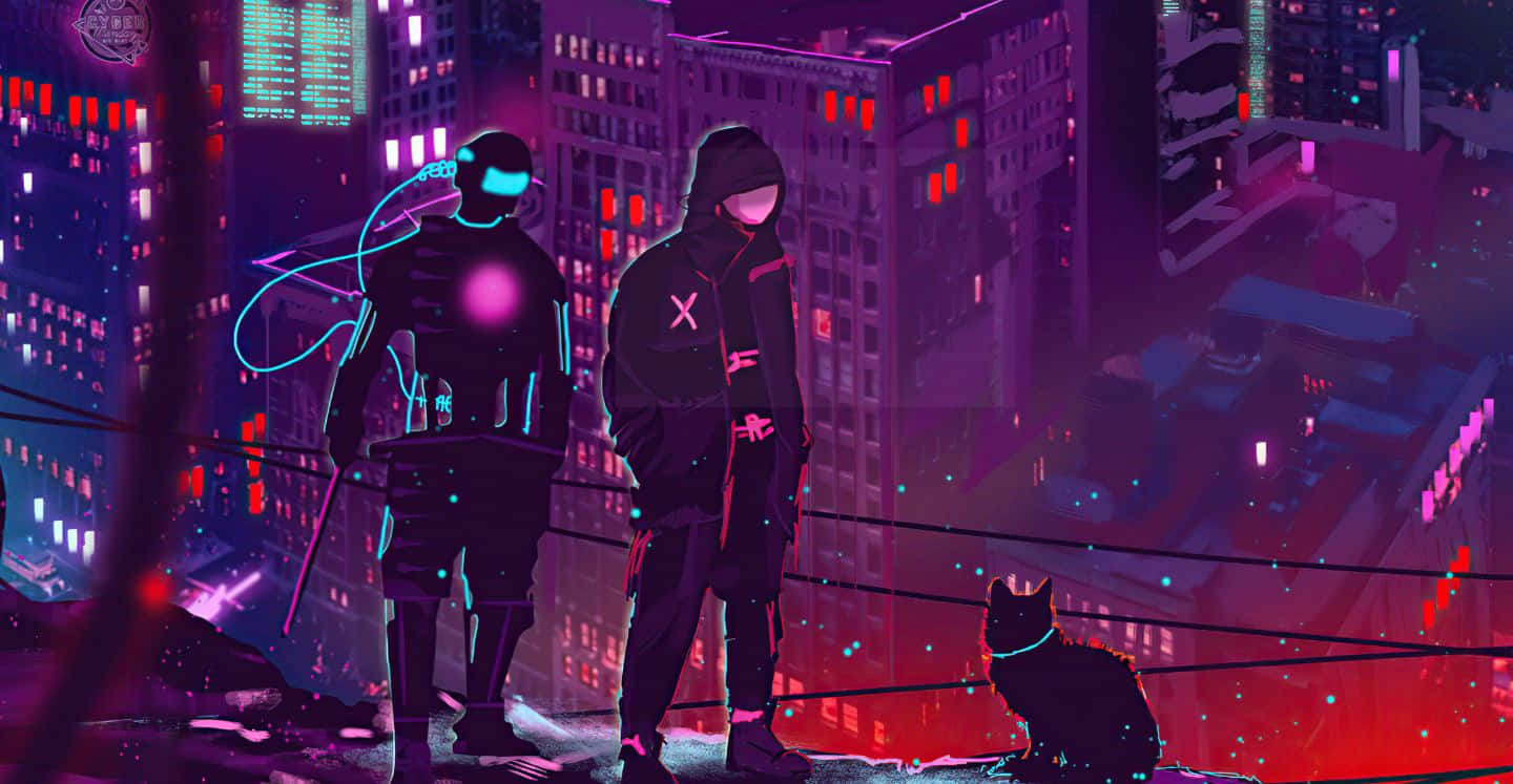 Cyberpunk_ Cityscape_with_ Figures_and_ Cat.jpg Wallpaper