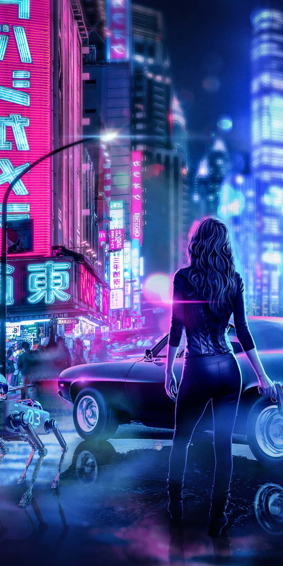 Cyberpunk Cityscape Womanand Robot Wallpaper