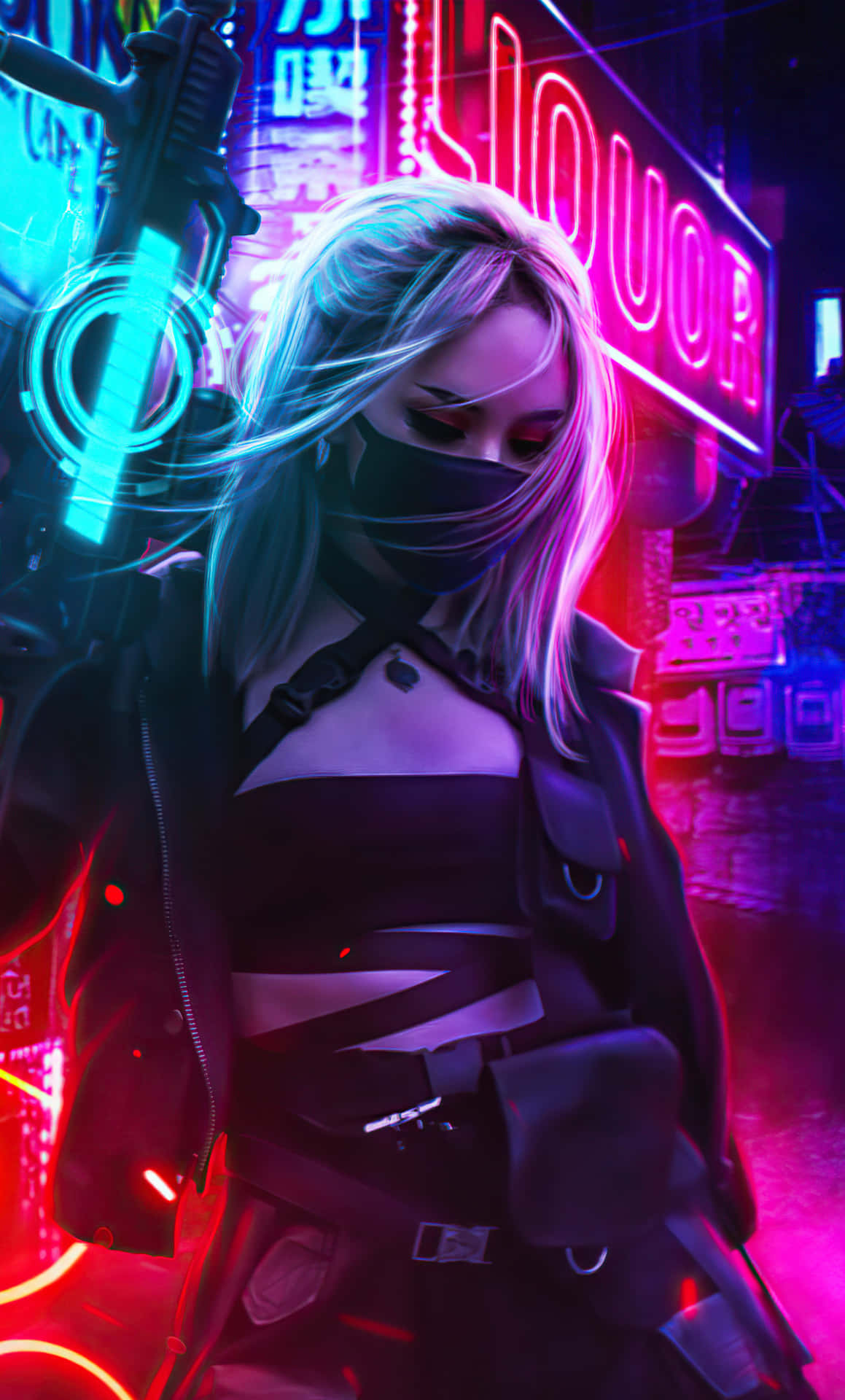 Cyberpunk_ Female_ Warrior_ Neon_ Cityscape Wallpaper