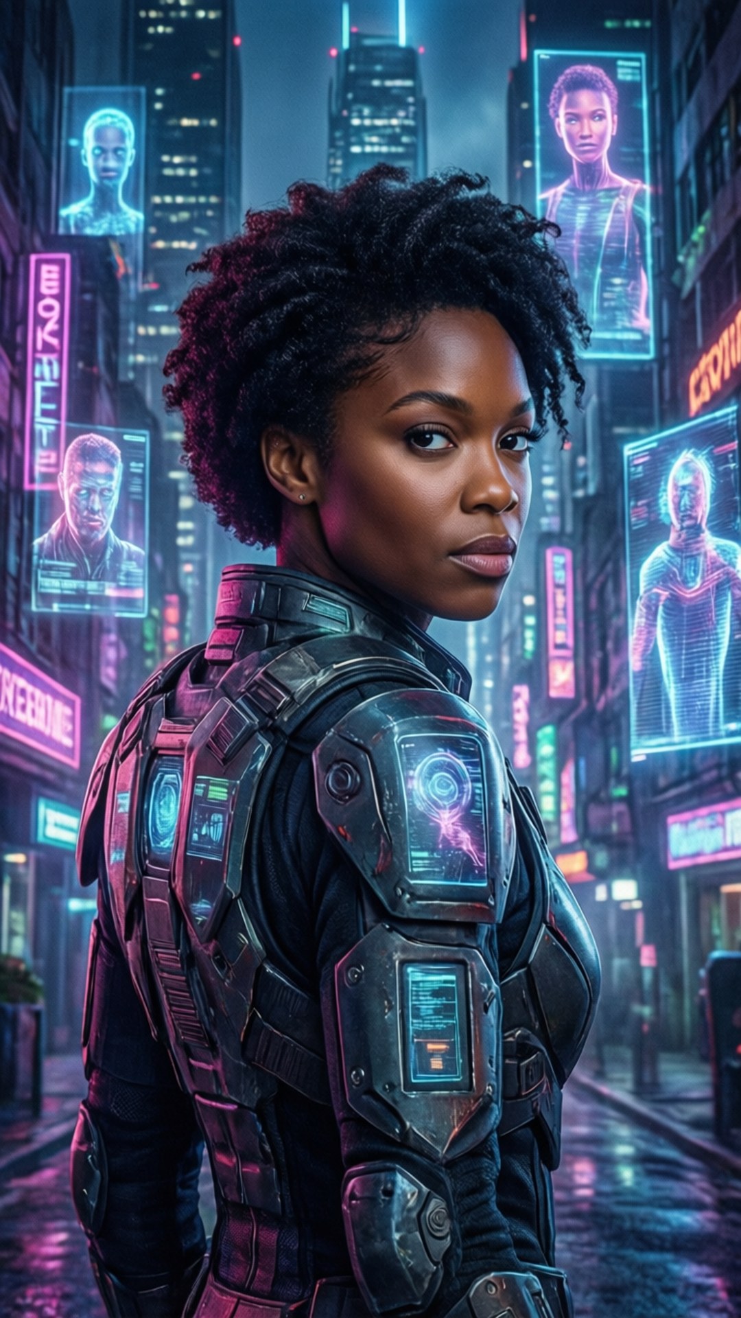 Letitia Wright i en cyberpunk-by med neonlys og høyteknologisk rustning.