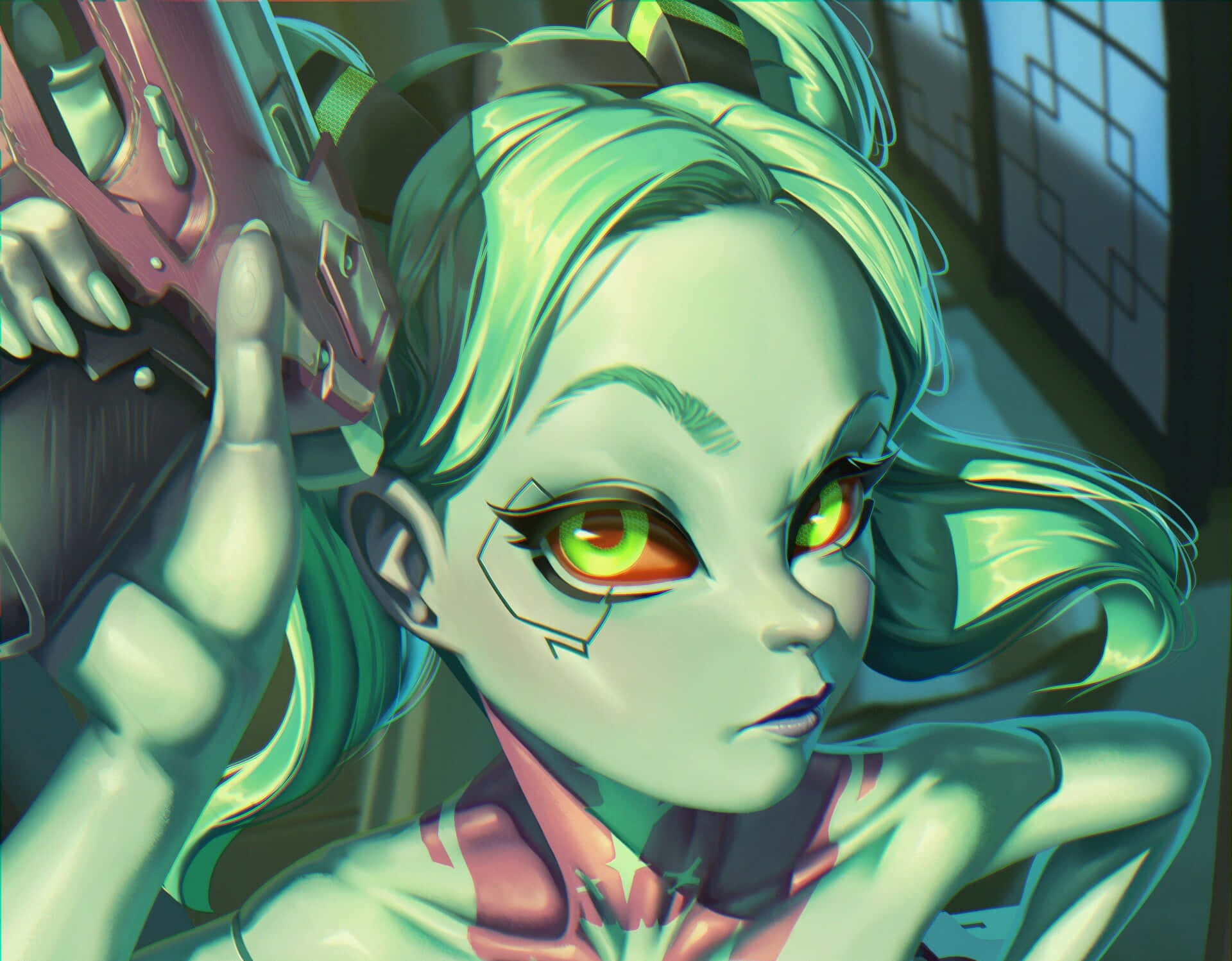Cyberpunk Green Haired Girlwith Gun Wallpaper