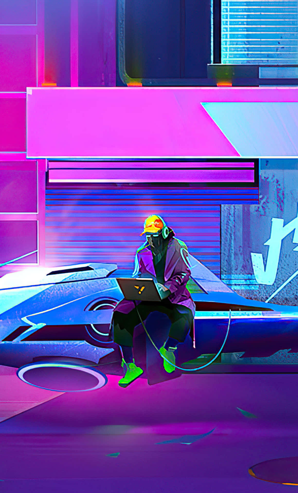 Cyberpunk Hackerwith Laptopand Sports Car Wallpaper