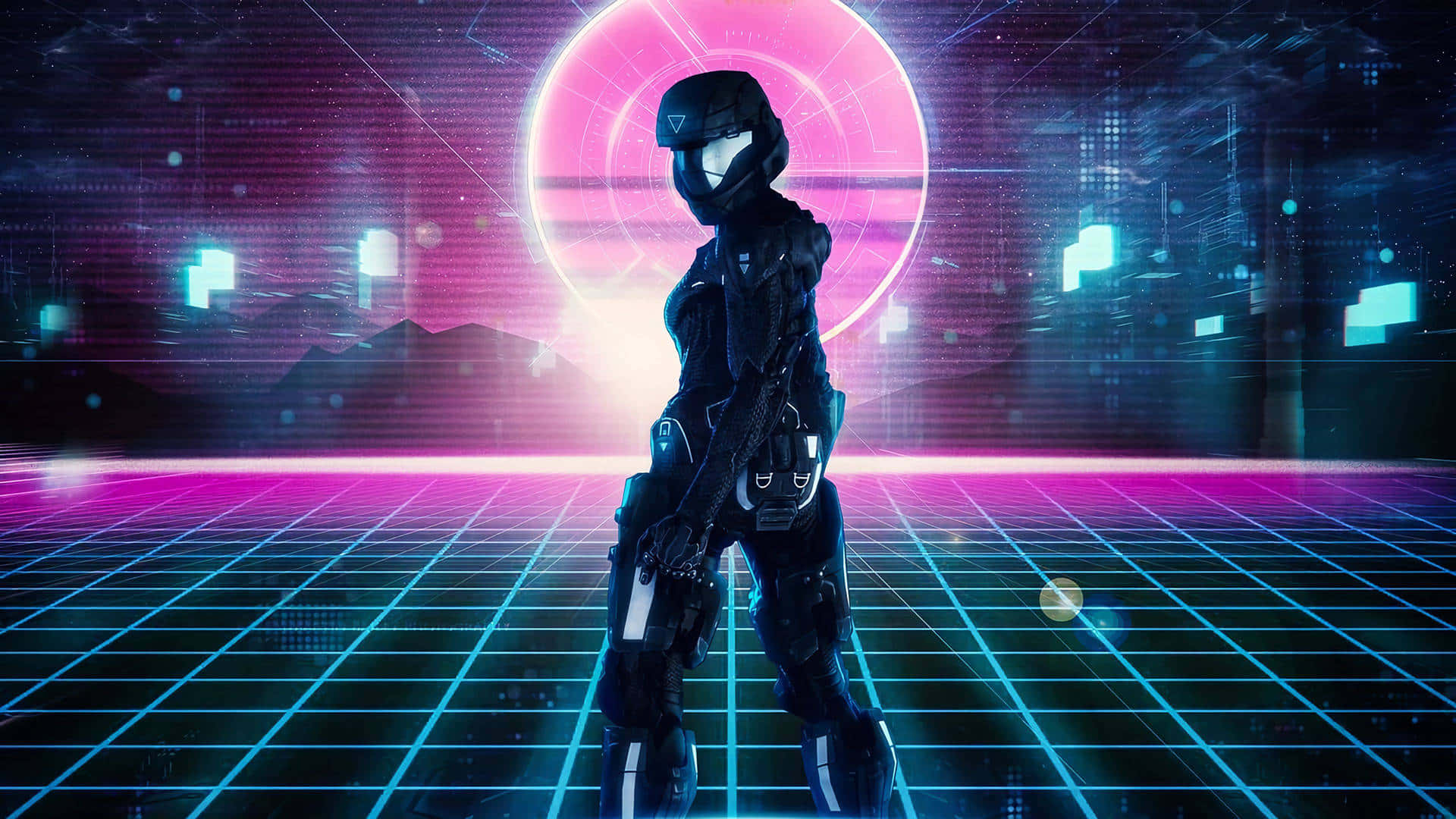 Unalaptop Angular De Estilo Cyberpunk Con Contorno De Neón Y Acentos En Azul Brillante. Fondo de pantalla