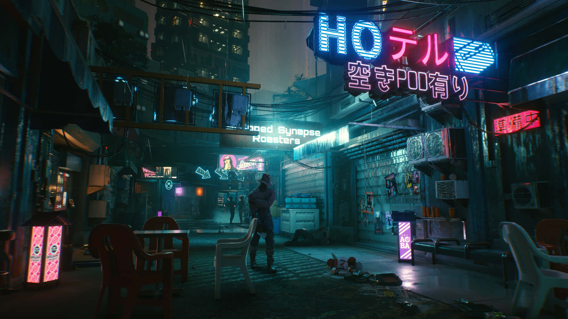 A Street Scene With Neon Signs And Tables Wallpaper