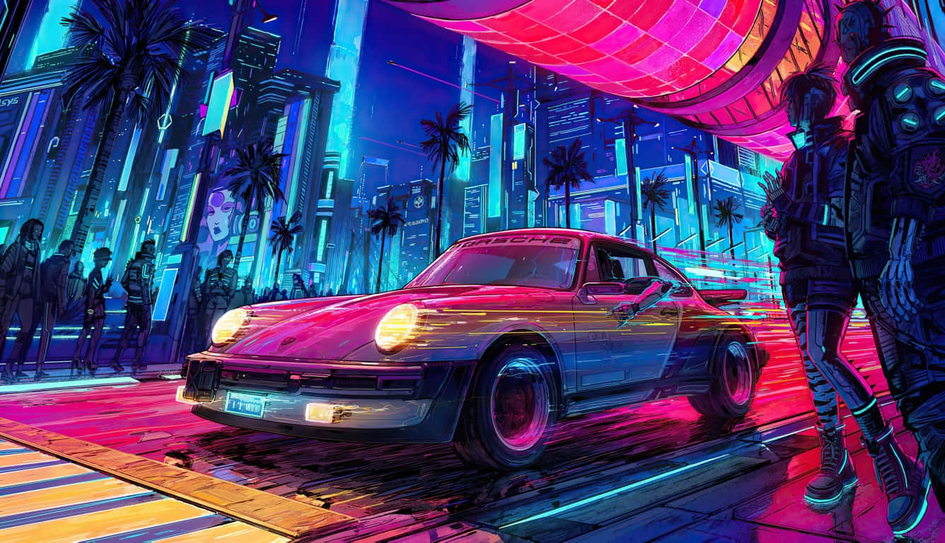 A Car And People In A City With Neon Lights Wallpaper