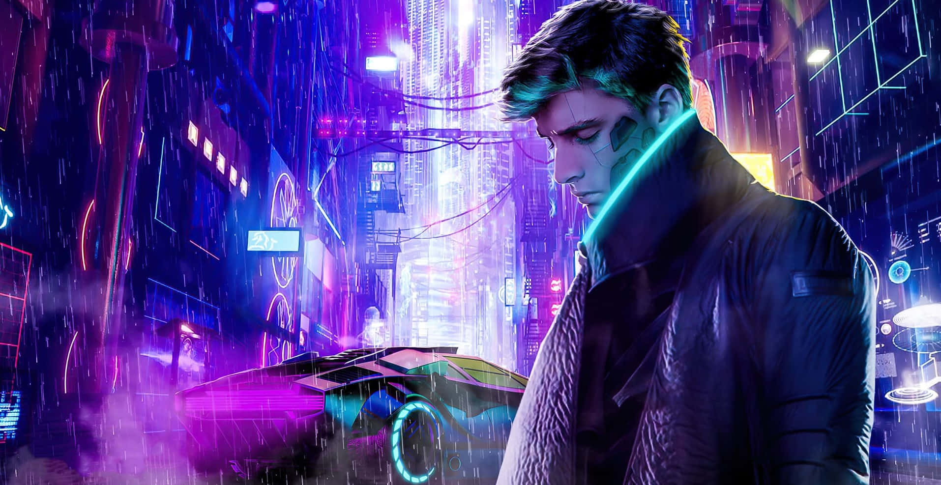 Cyberpunk Laptop With Guy In The Rain Wallpaper