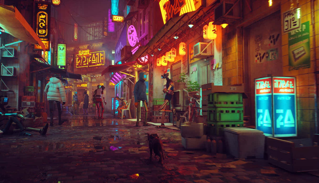 Cyberpunk Laptop With A Stray Dog Wallpaper