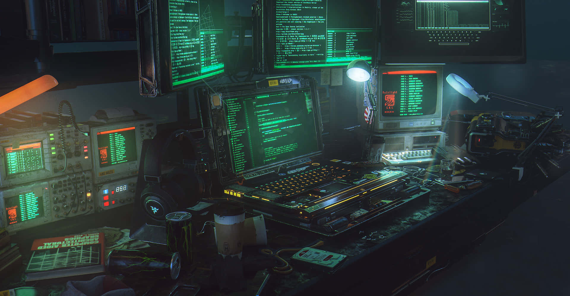 An illuminated laptop against a cyberpunk city backdrop Wallpaper
