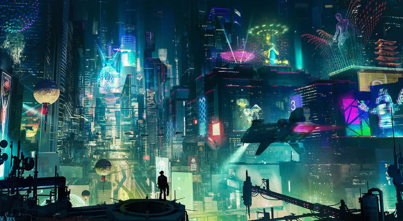 A Futuristic City With Neon Lights And Buildings Wallpaper