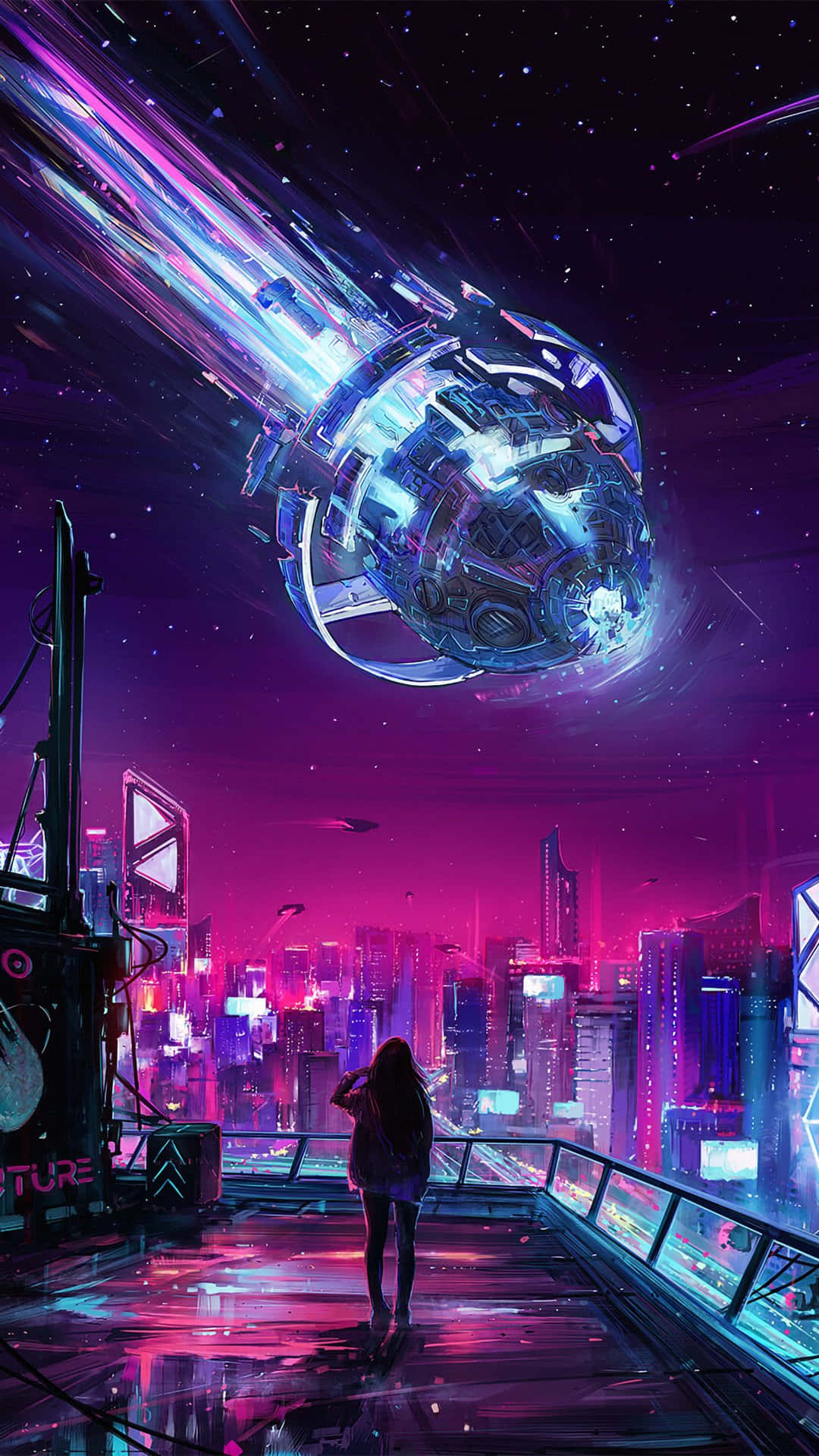 Cyberpunk Meteor Shower Over Cityscape Wallpaper