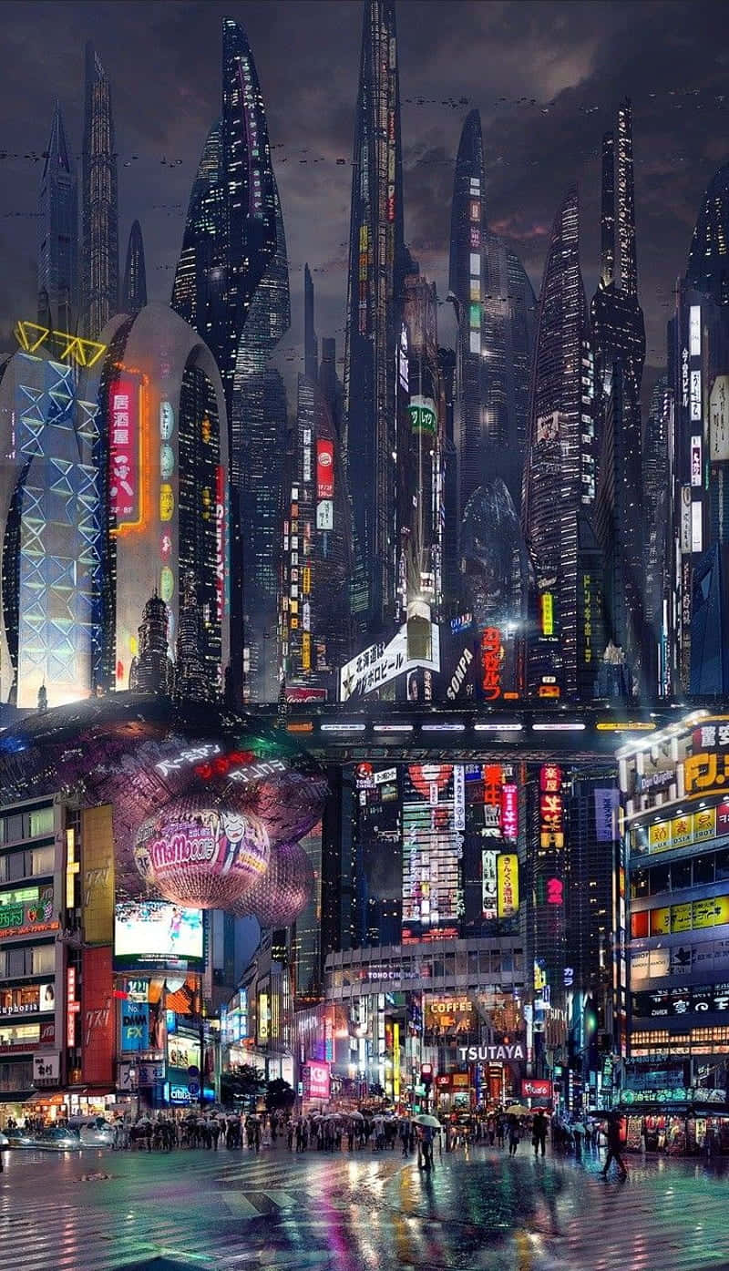 Utforskaden Lysande Skyline:n Av Cyberpunk Night City På Din Datorskärm Eller Mobil Bakgrundsbild. Wallpaper