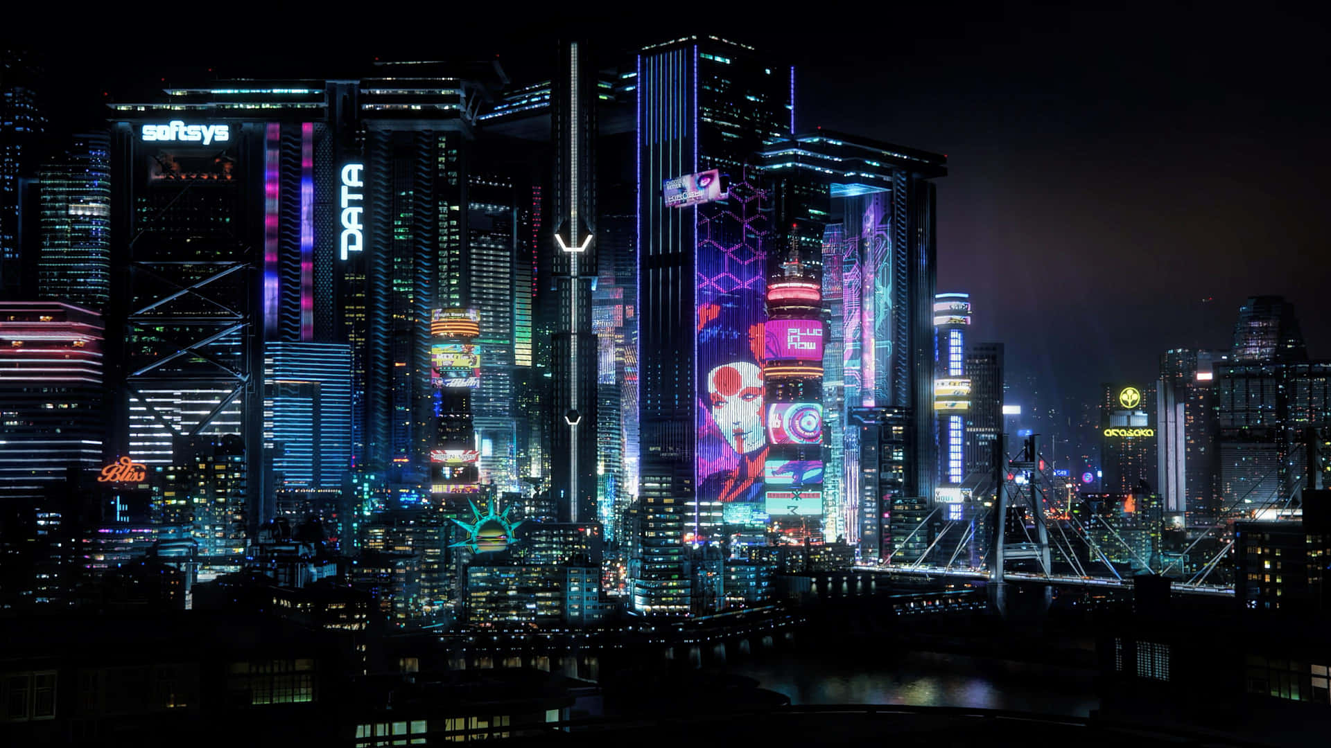 Et kig på de neonlygter i aftenhimlen i Cyberpunk Night City Wallpaper