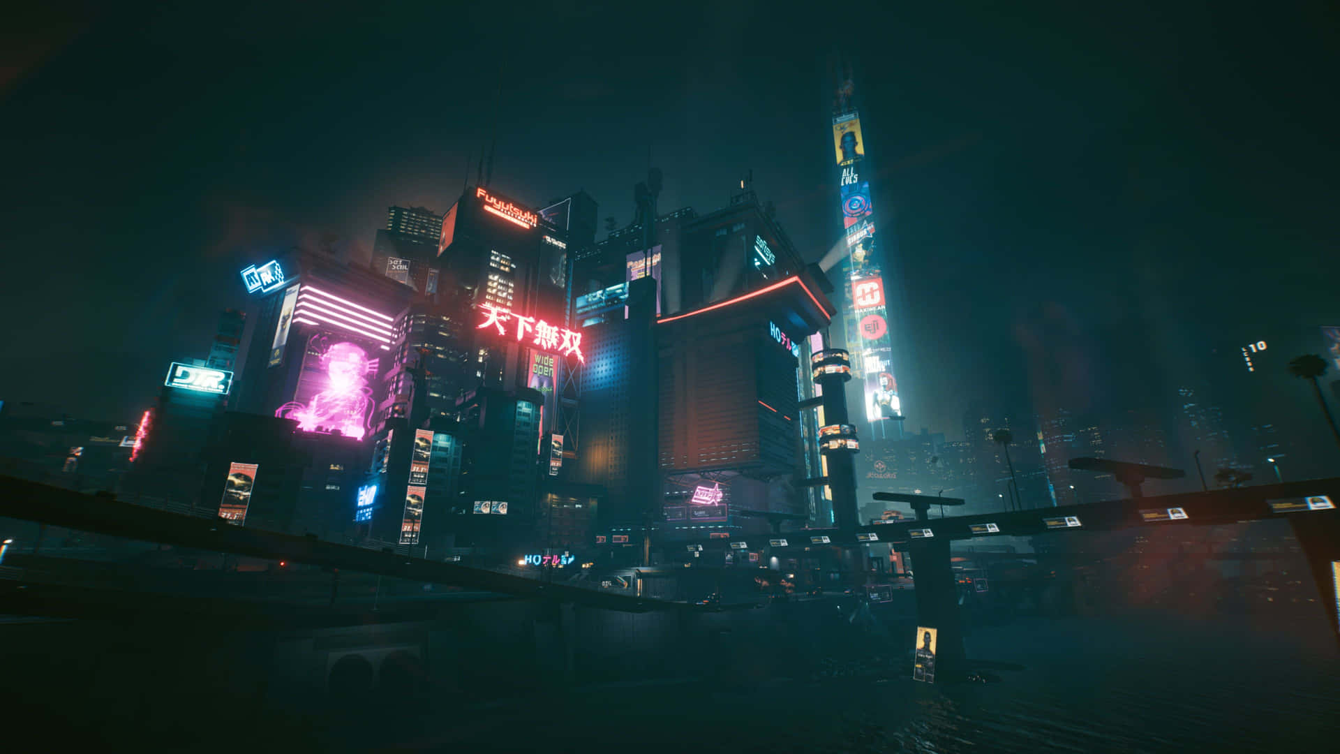 Glimpse the future- Neon lights and megacorporations tower over a cyberpunk inspired Night City. Wallpaper