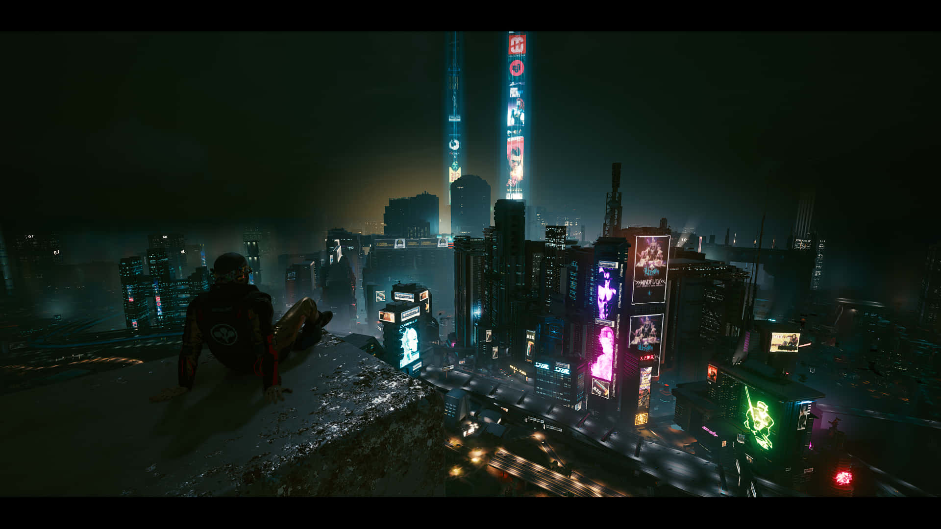 A spired cyberpunk cityscape twinkles in the night Wallpaper