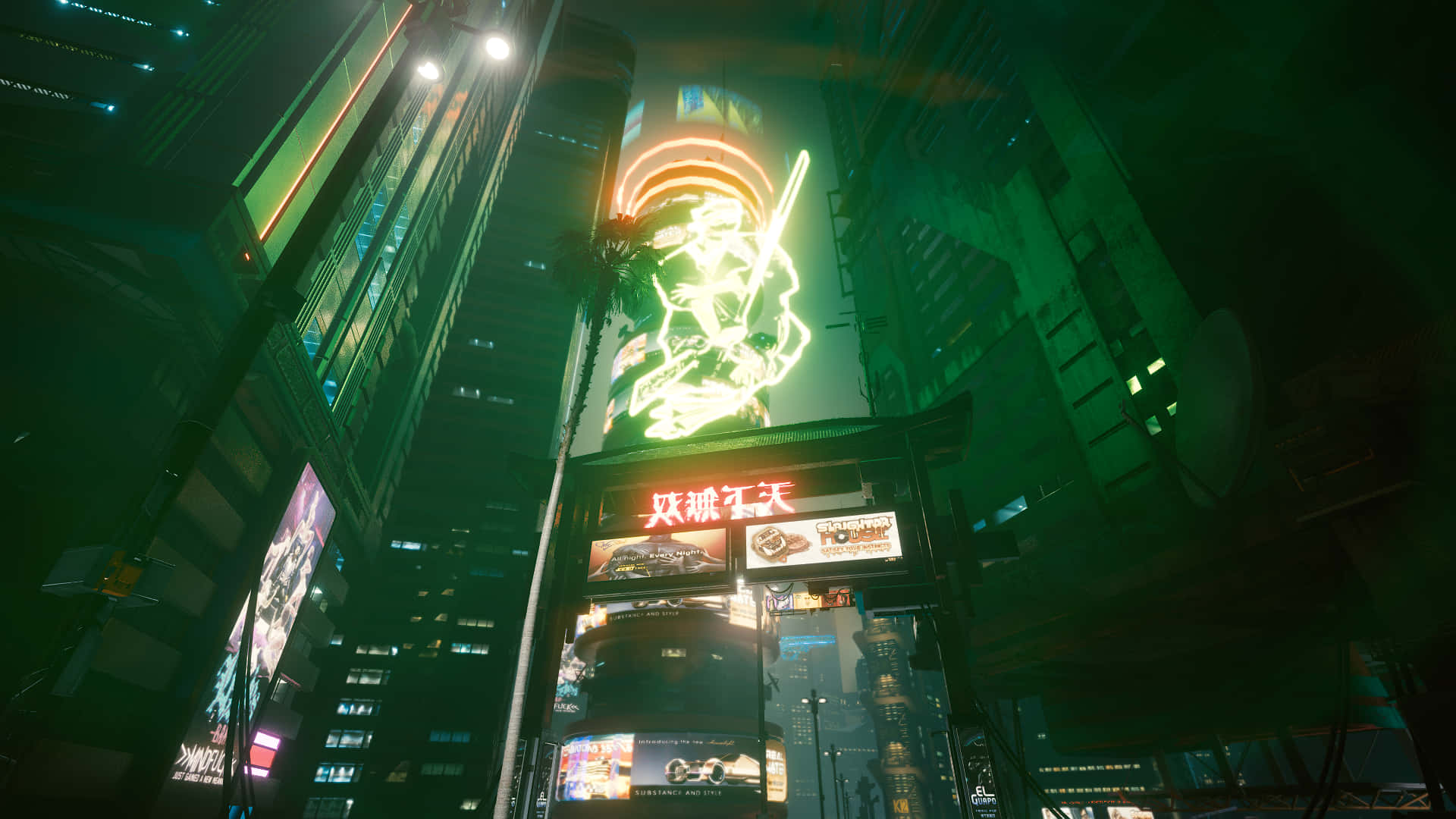 Explore the wondrous neon-glow of the vibrant Cyberpunk Night City. Wallpaper