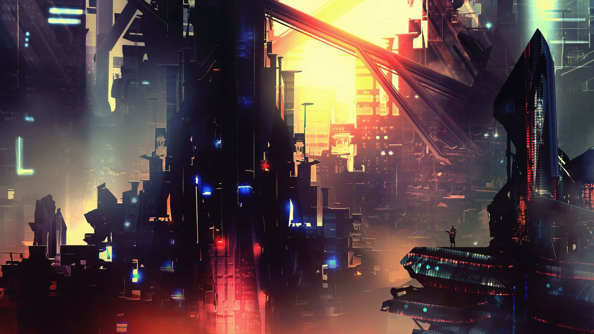 Utforskaden Neonupplysta Stadssiluetten Av Cyberpunk Night City. Wallpaper