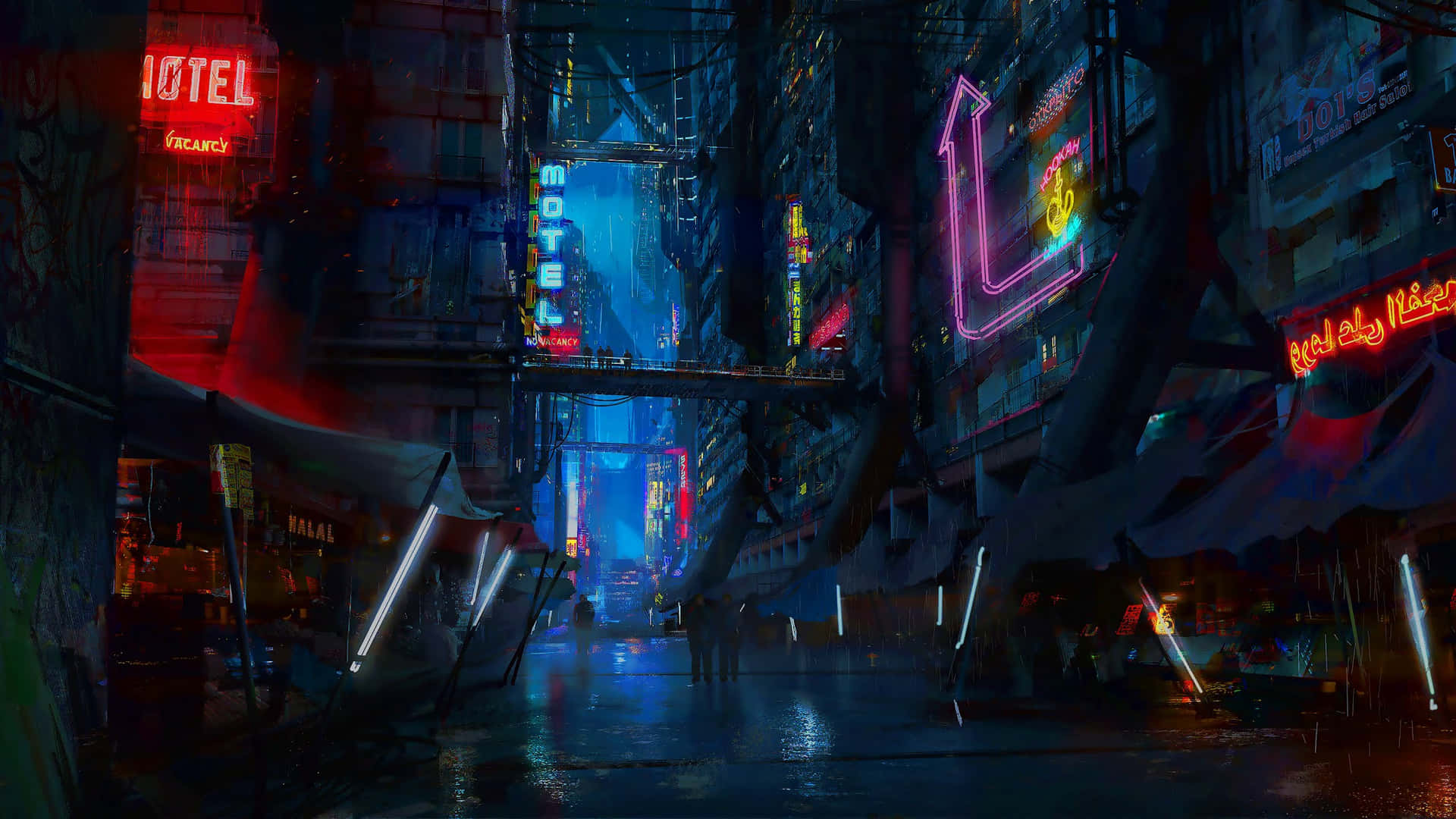 Udforsk det mørke, neon underside af Natbyen med dette cyberpunk-inspirerede tapet. Wallpaper
