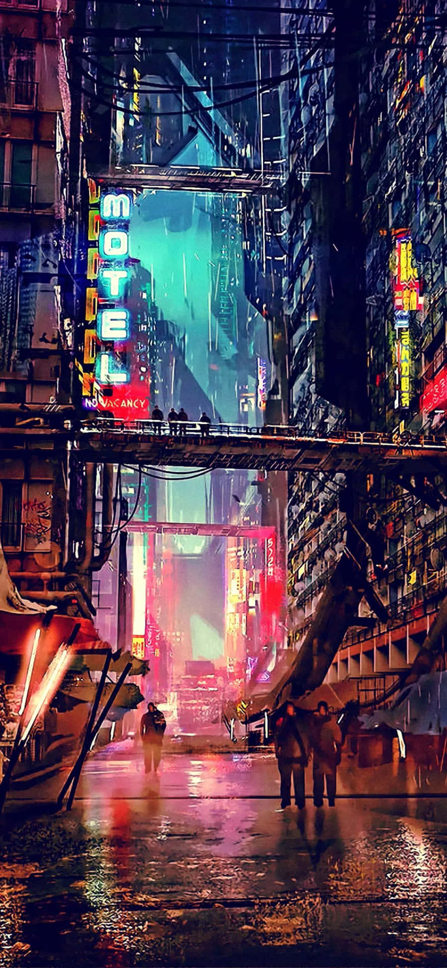 Rain pours and lights dance across a futuristic cyberpunk night city Wallpaper