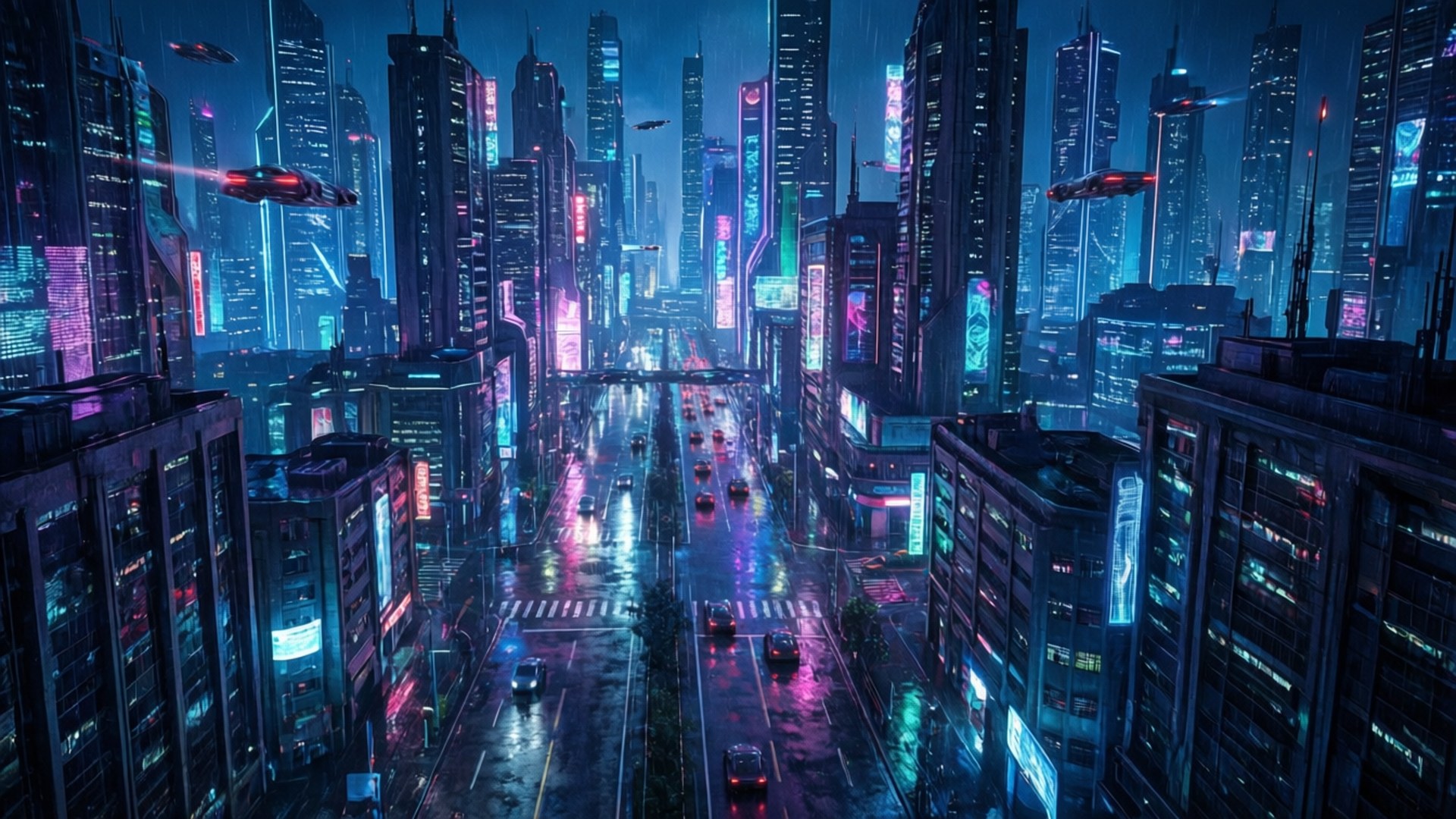 A night-time overview of a futuristic city with neon glows, for a modern sci-fi wallpaper