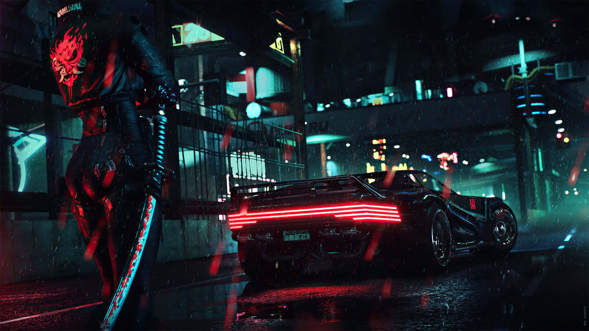 Cyberpunk_ Nightlife_with_ Sports_ Car_and_ Warrior Wallpaper
