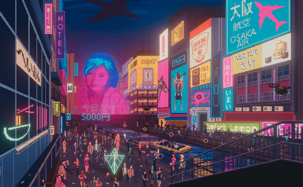 A City With Neon Signs And People Walking Around Wallpaper