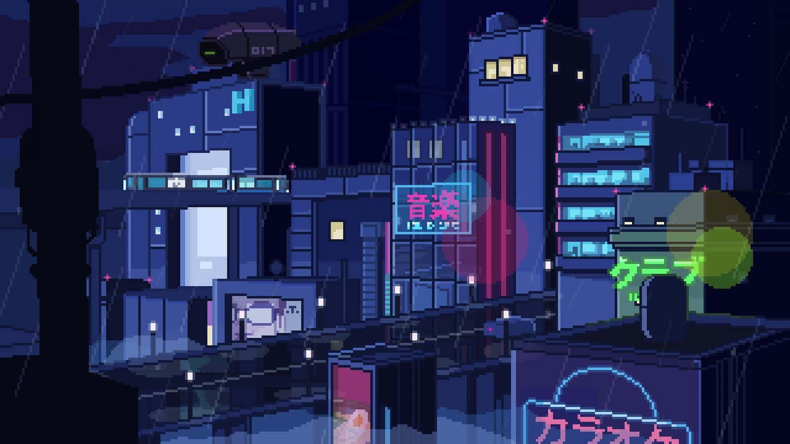 Explore the neon-lit cyberpunk world with pixel art Wallpaper