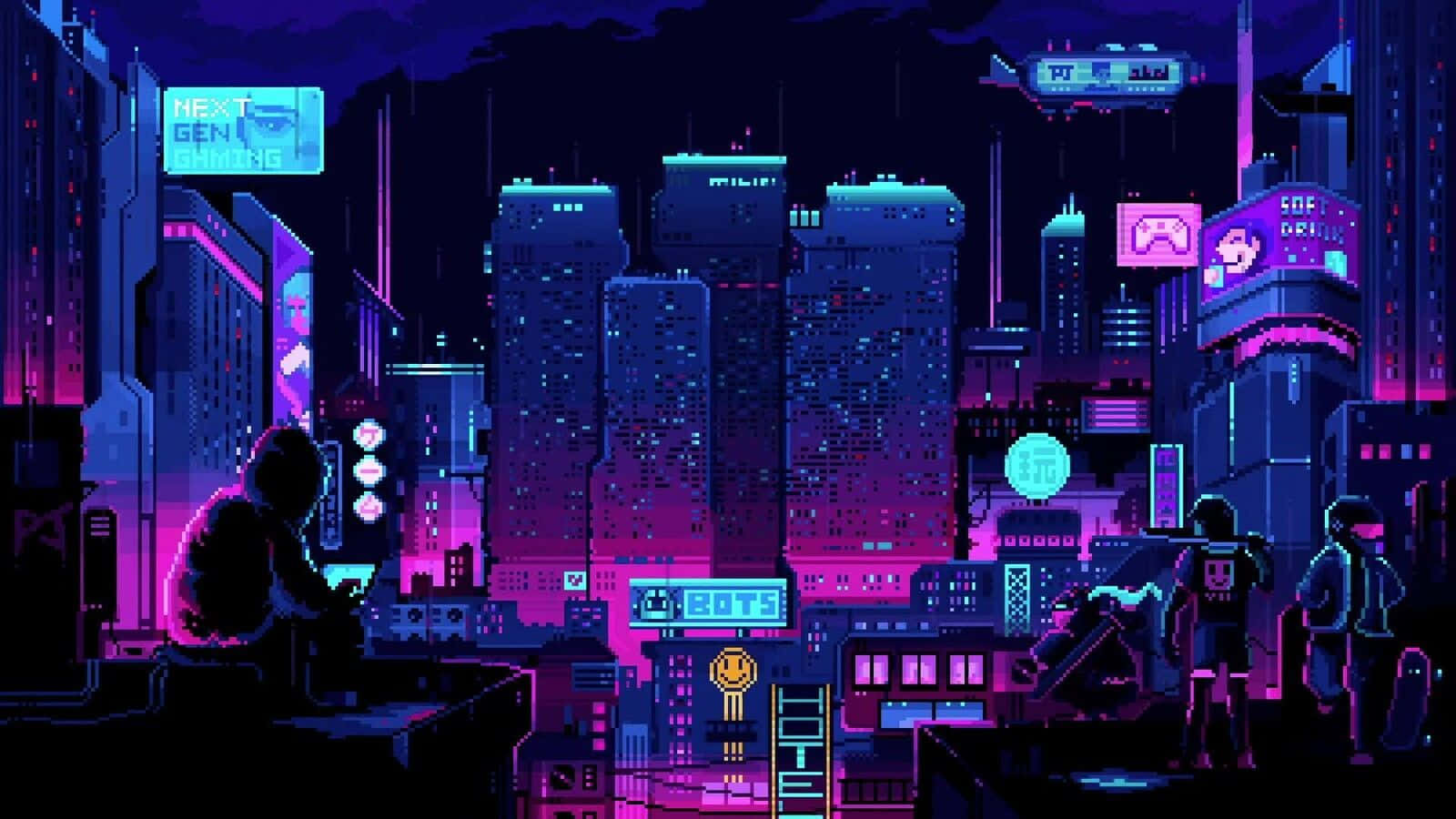 Explore the neon-lit cyberpunk city in this pixel art! Wallpaper