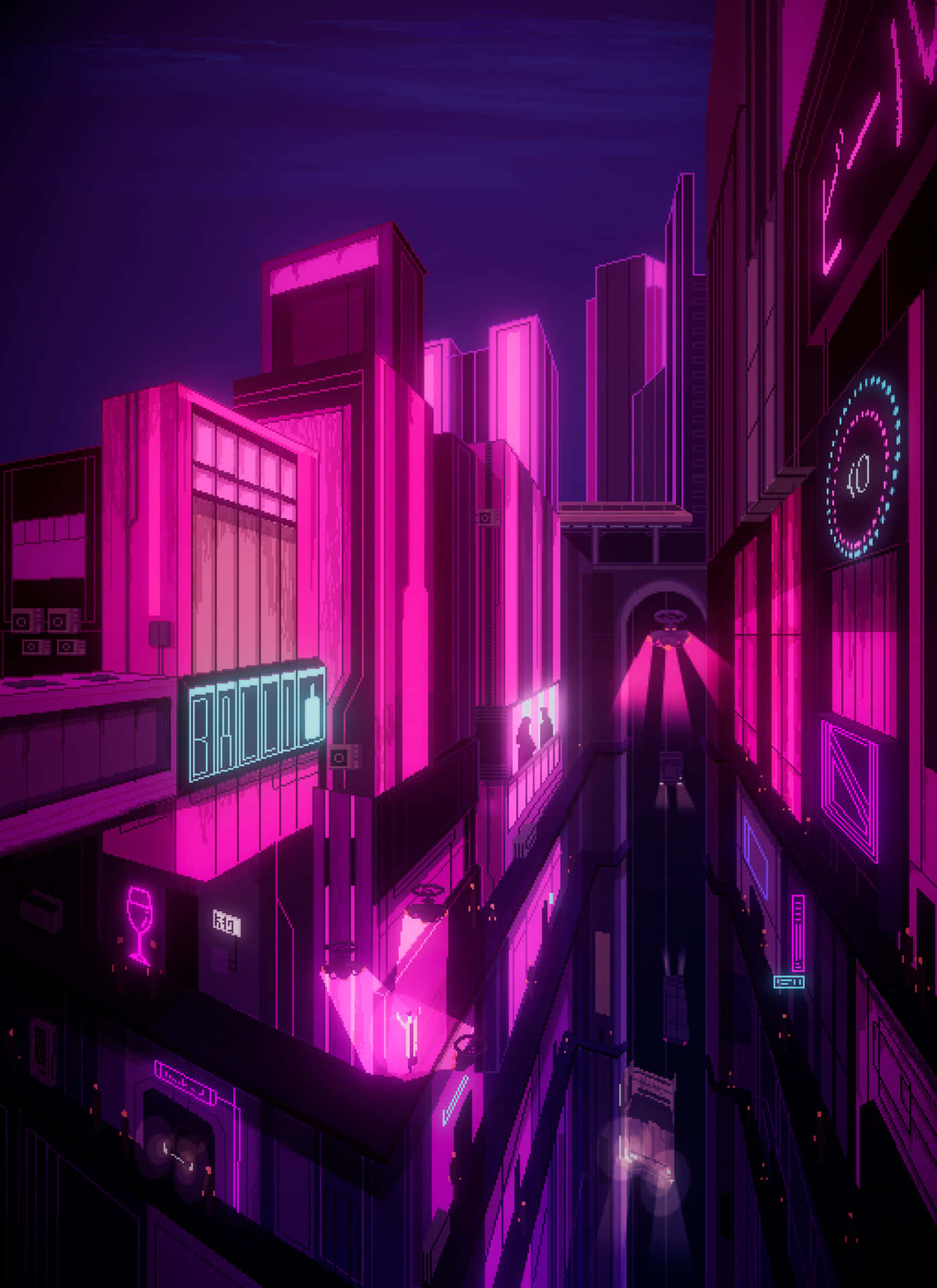 "A cyberpunk cityscape in pixel art" Wallpaper