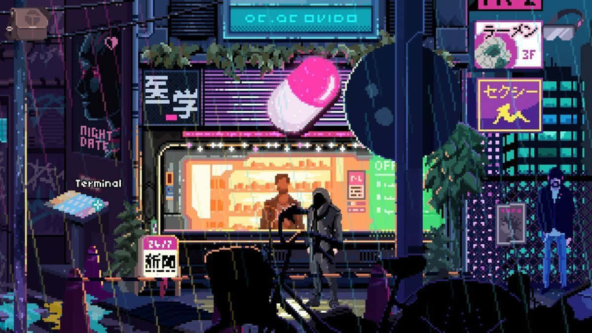 Cyberpunk Bakery Rainy Night Pixel Art Wallpaper